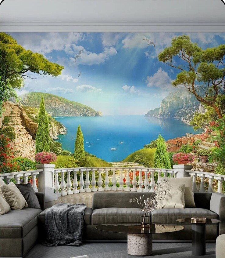 Wall panel showing a white balustrade opening onto a turquoise bay with pines, gulls and a headland beyond