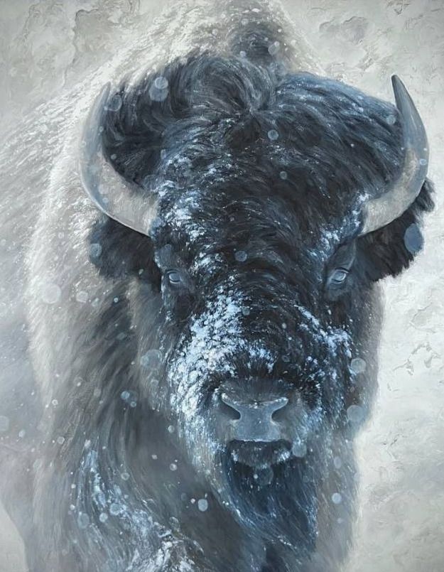 Bison facing forward through falling snow, painted in cold blues and greys