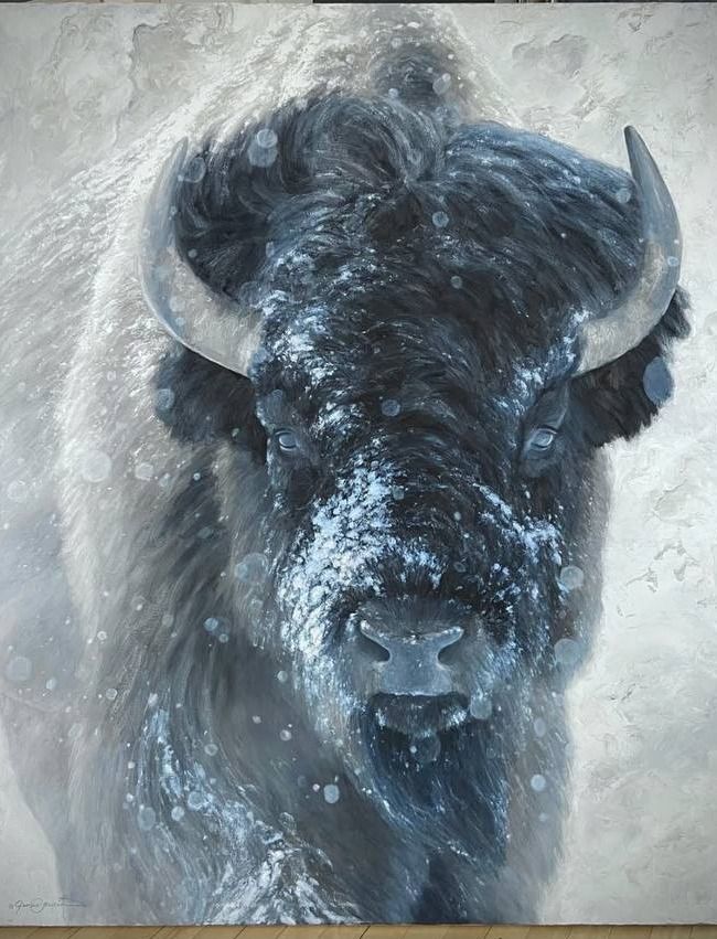 Bison facing forward through falling snow, painted in cold blues and greys