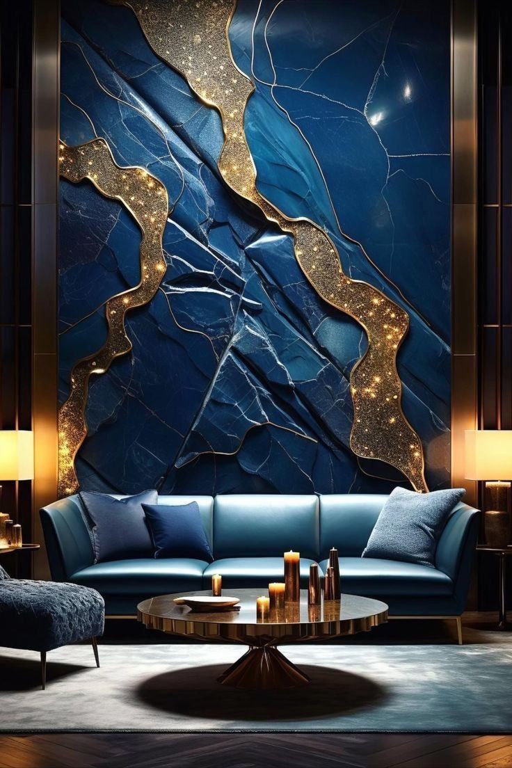 Full-height wall panel of deep blue marble veined with gold, set between brass trims