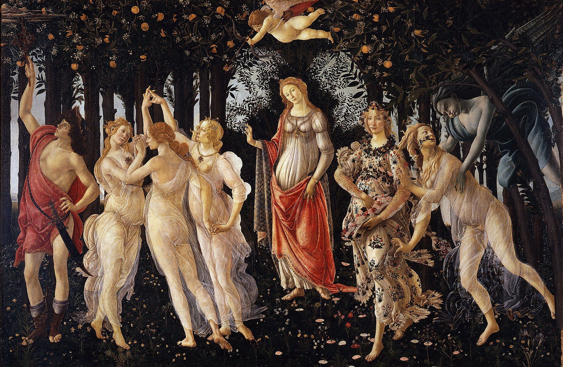 Figures standing and dancing in a dark orange grove strewn with flowers, three women in thin white robes at the left and a cupid overhead