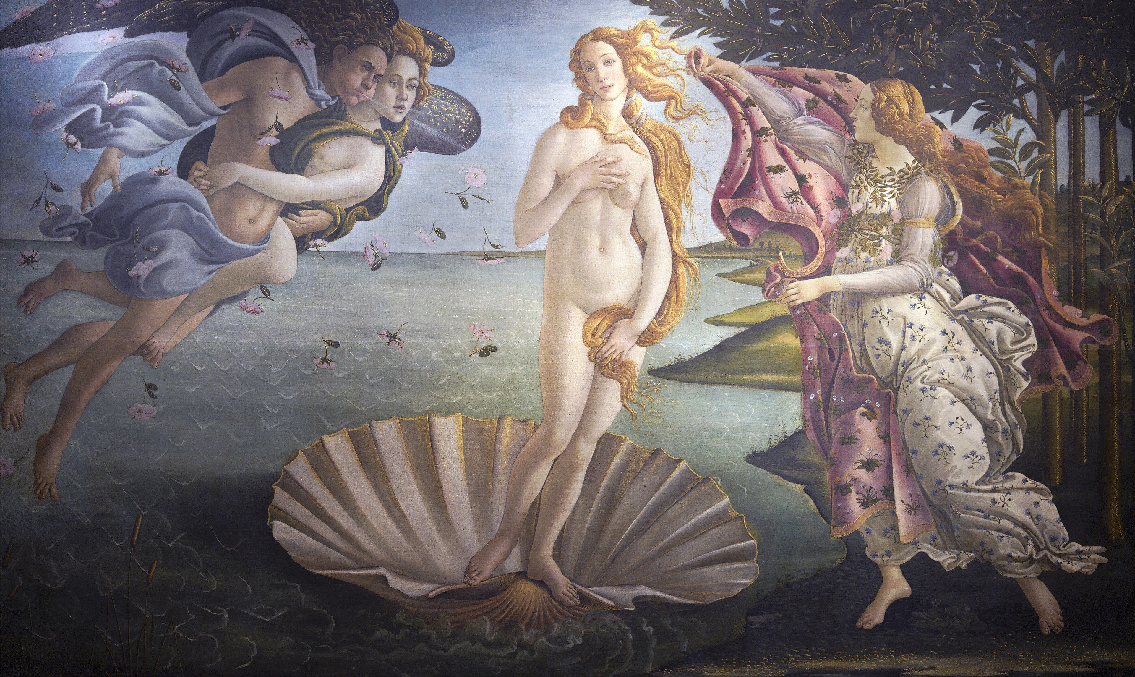Venus stands on a scallop shell blown to shore by winged winds while an attendant hurries to cover her with a flowered cloak