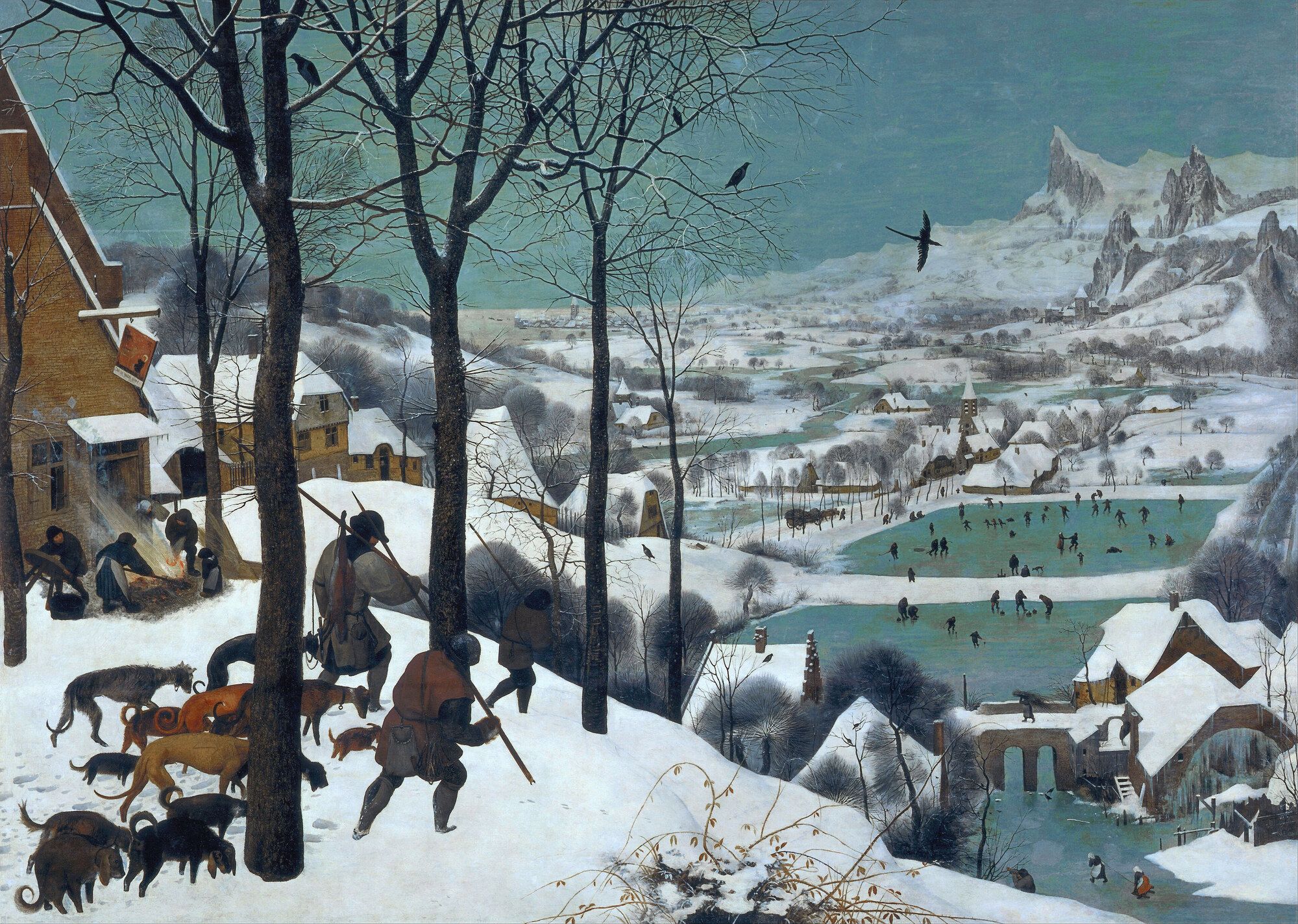 Hunters and dogs coming down a snowy ridge above a frozen valley of skaters, bare trees and jagged peaks beyond