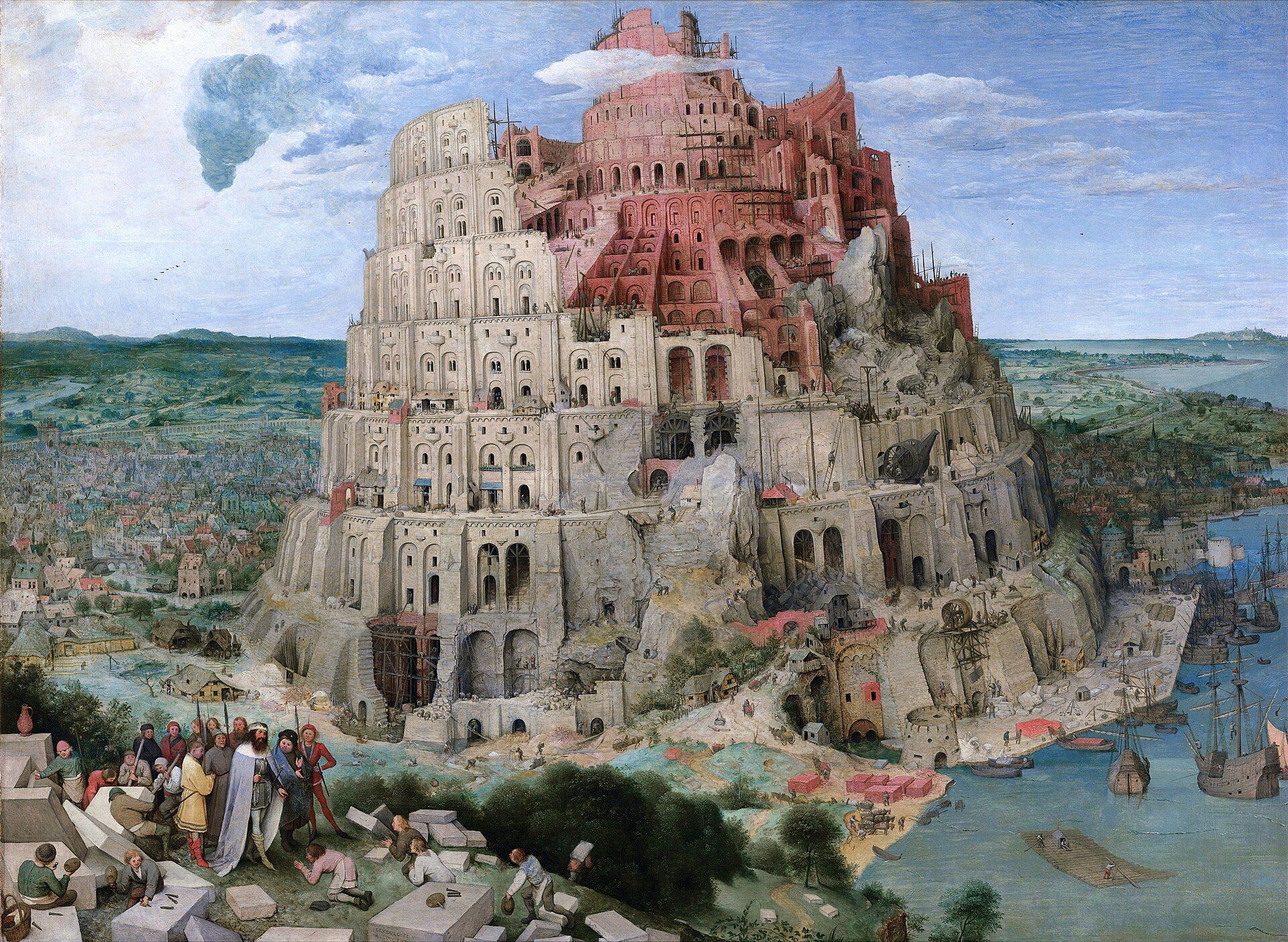 An enormous tiered tower of arches rising in a spiral above a harbour town, its upper storeys still raw brick and tiny figures working across every level