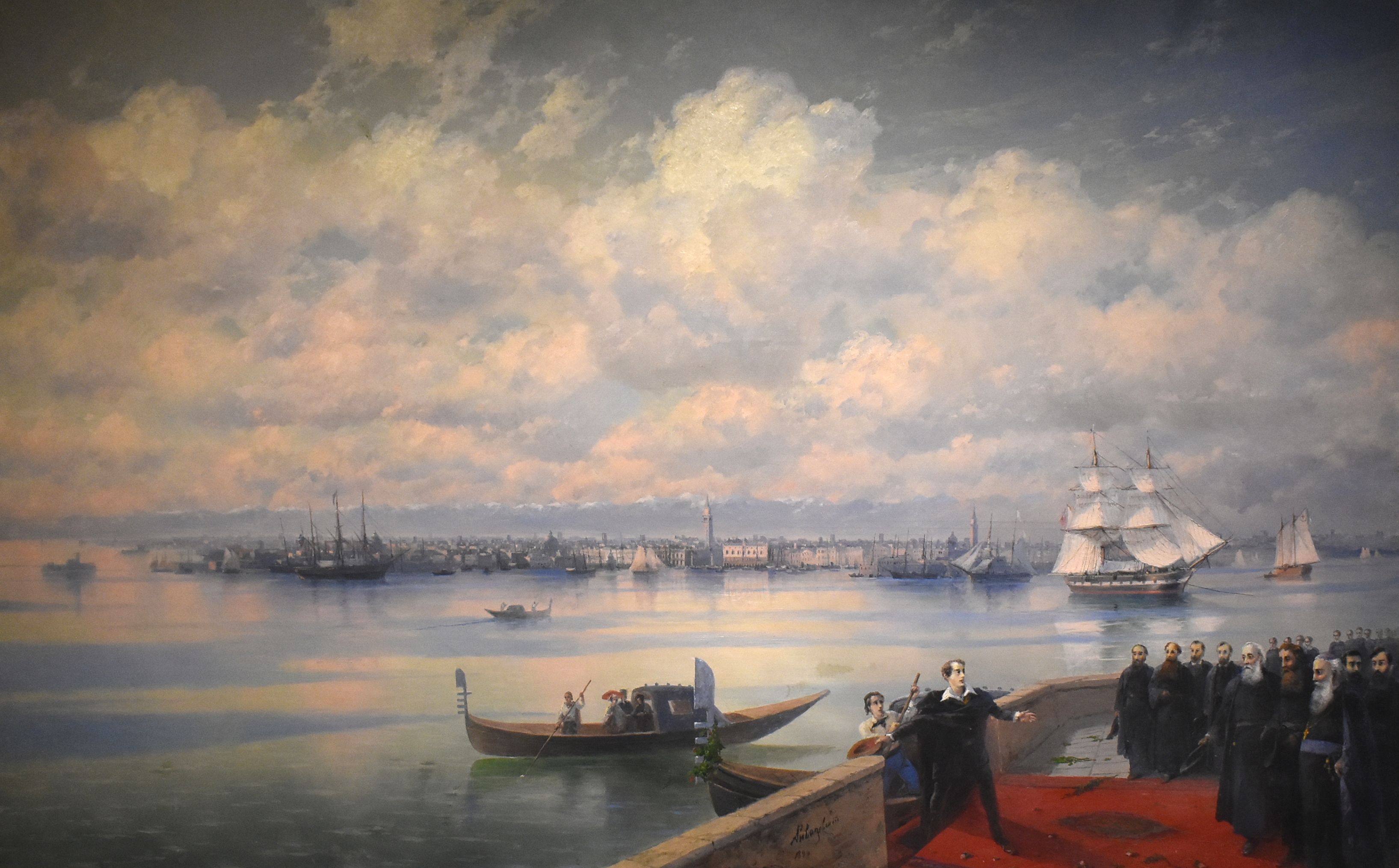 Lord Byron steps onto a Venetian quay to be greeted by a line of black-robed Armenian Mekhitarist monks, gondolas and the lagoon behind