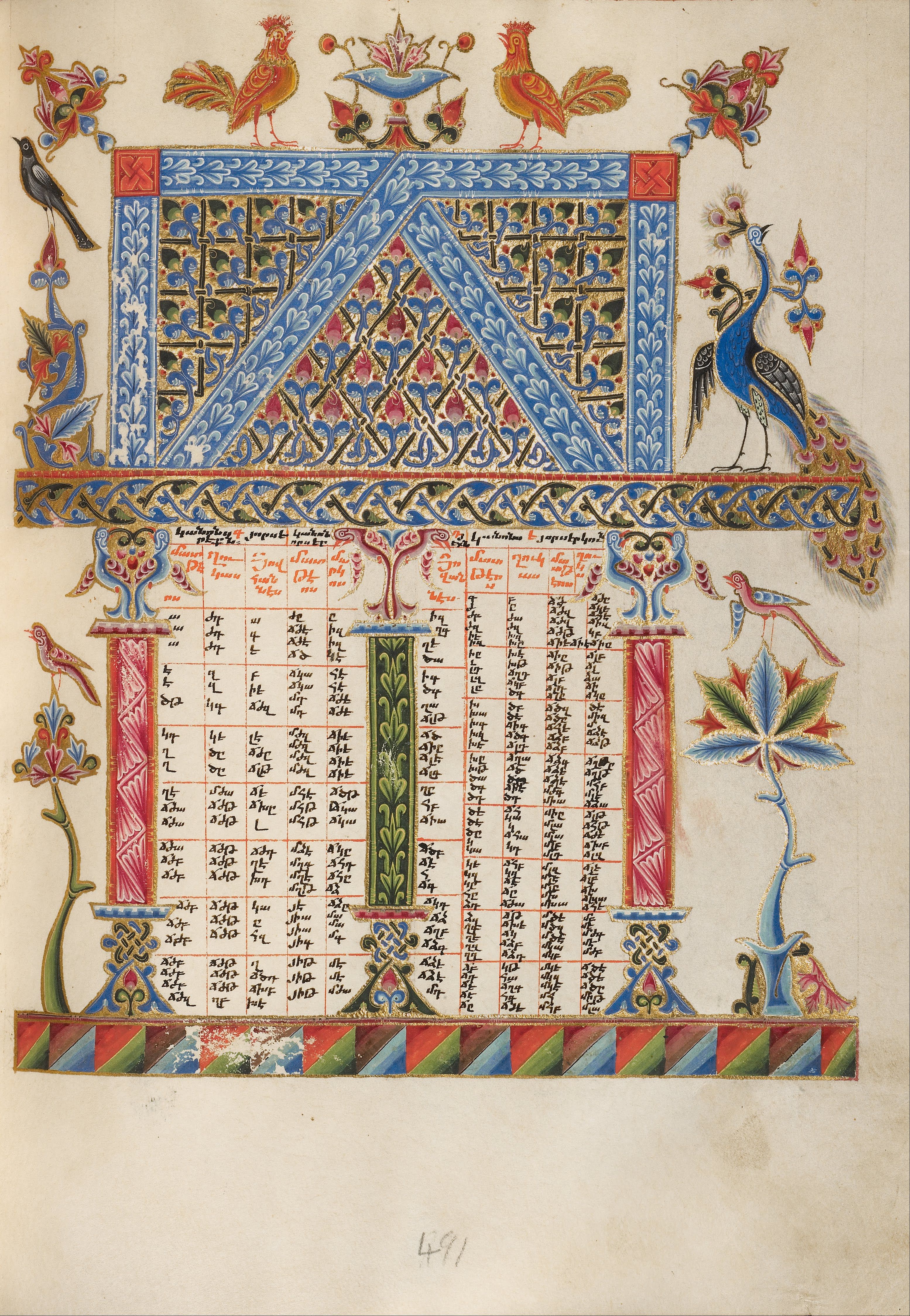 Illuminated manuscript page: a blue foliate archway over a dense gold trellis, two red roosters above, a large blue peacock with a trailing tail at the right, and a diagonal banded base