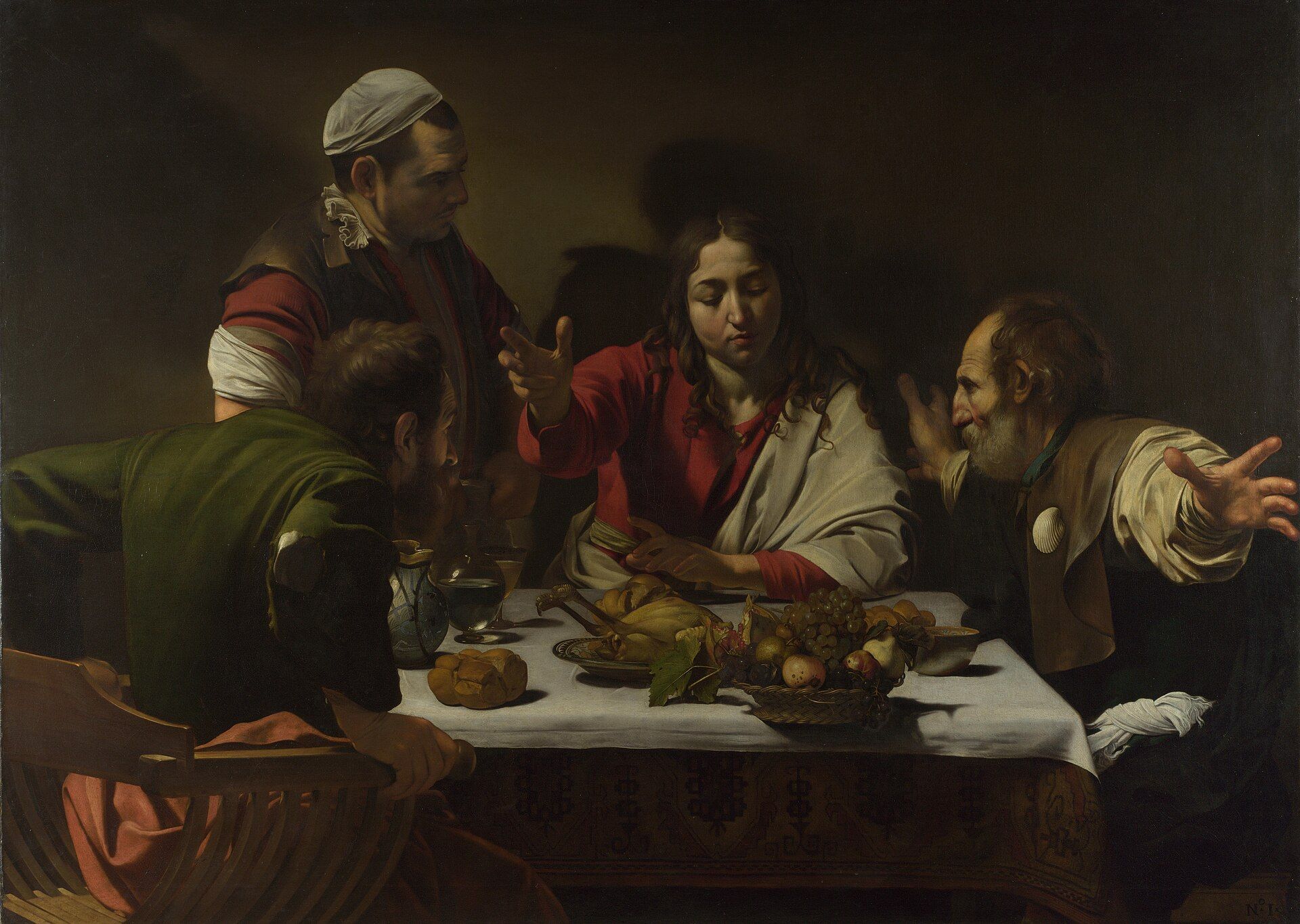 Two men starting up from a supper table as a third raises his hand over the bread, a basket of fruit tipped to the very edge of the cloth