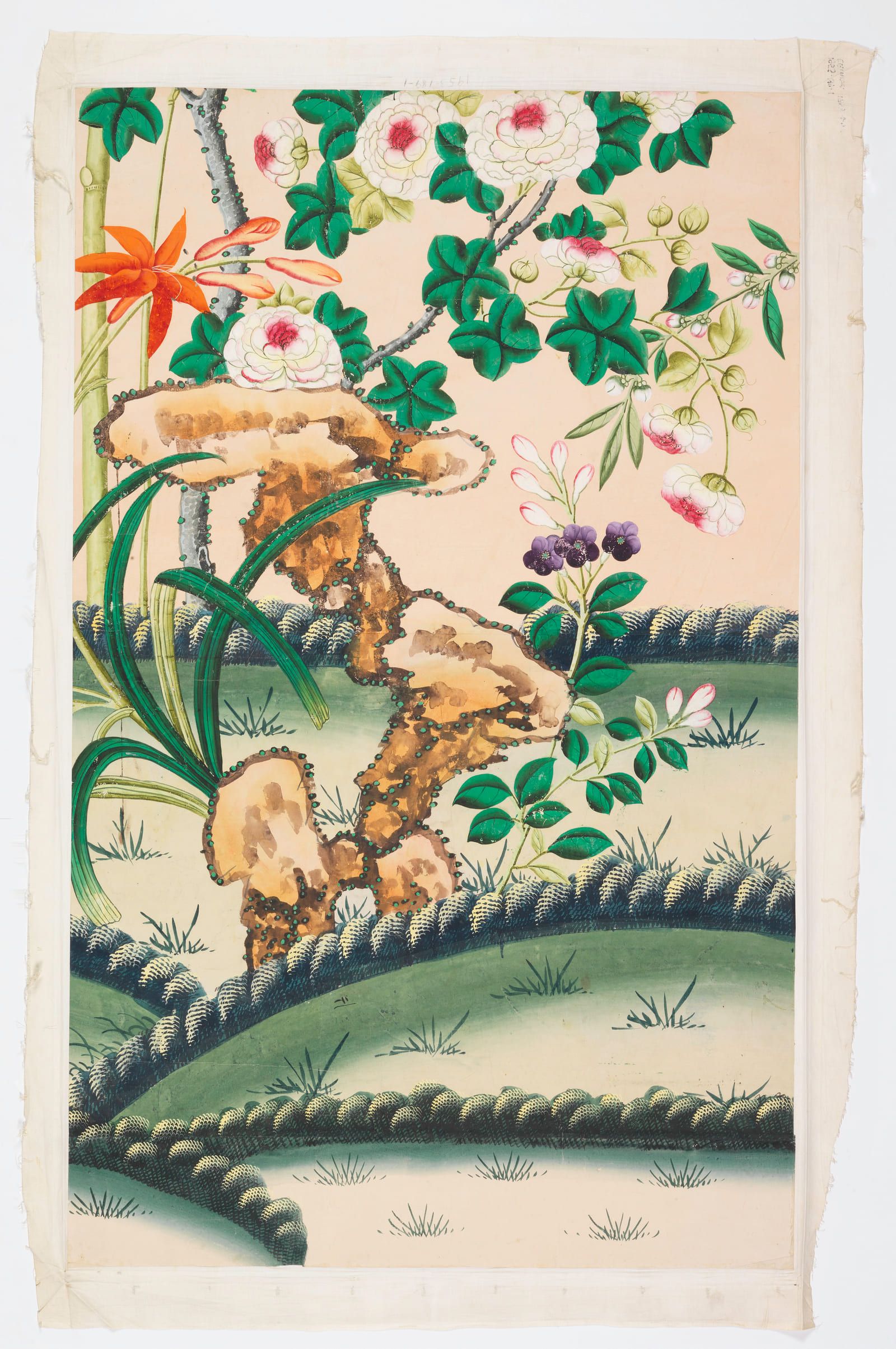 Rockwork, flowering branches and a bright red lily painted on a pale pink ground above a green bank