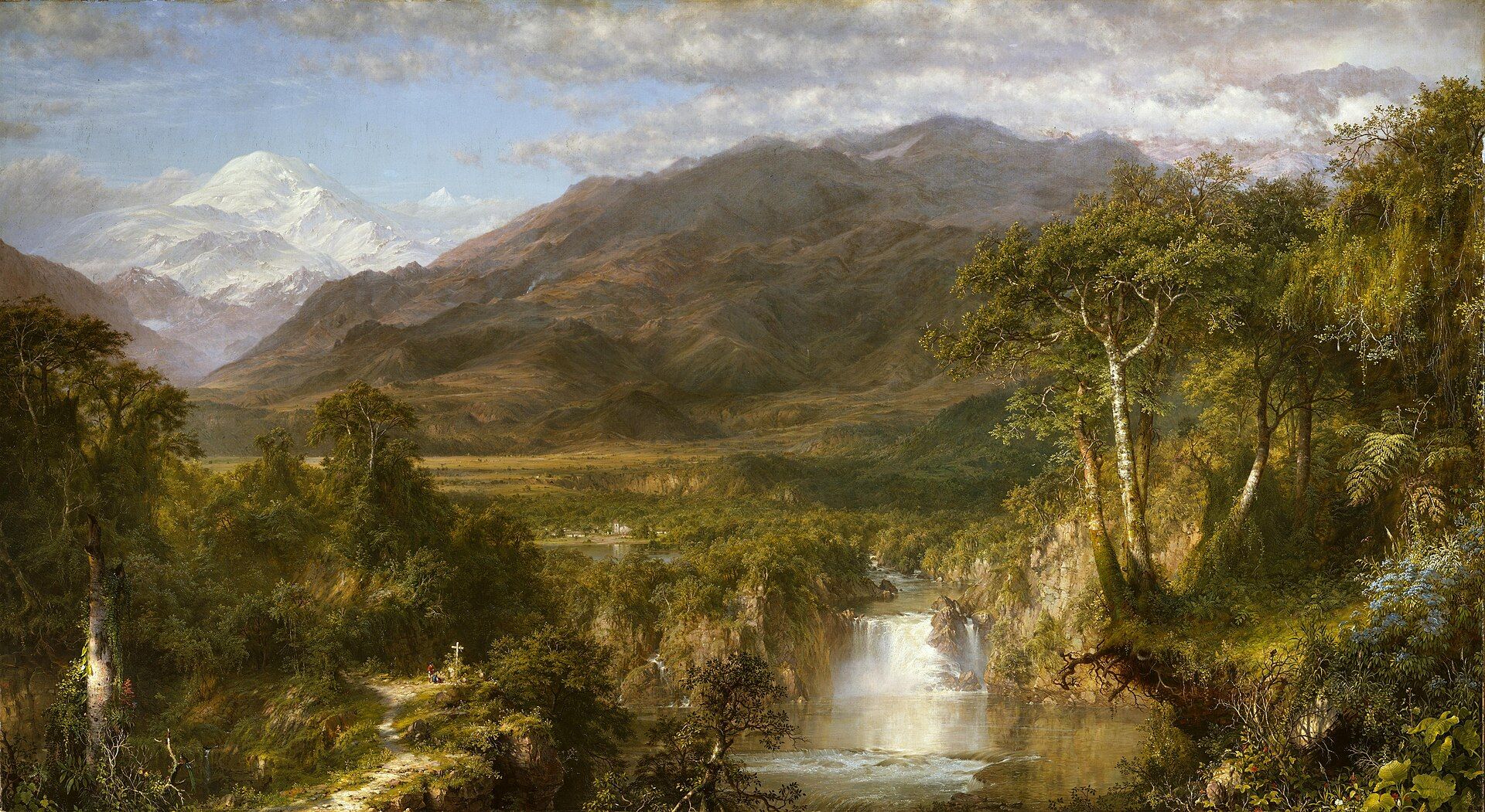 A snow peak standing far off above a green valley of forest and waterfall, the foreground worked leaf by leaf in full light