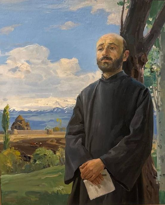 Oil portrait of a priest in black robes before a village church, poplars and a snowcapped range