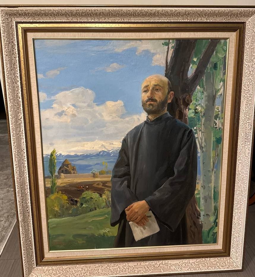 Oil portrait of a priest in black robes before a village church, poplars and a snowcapped range