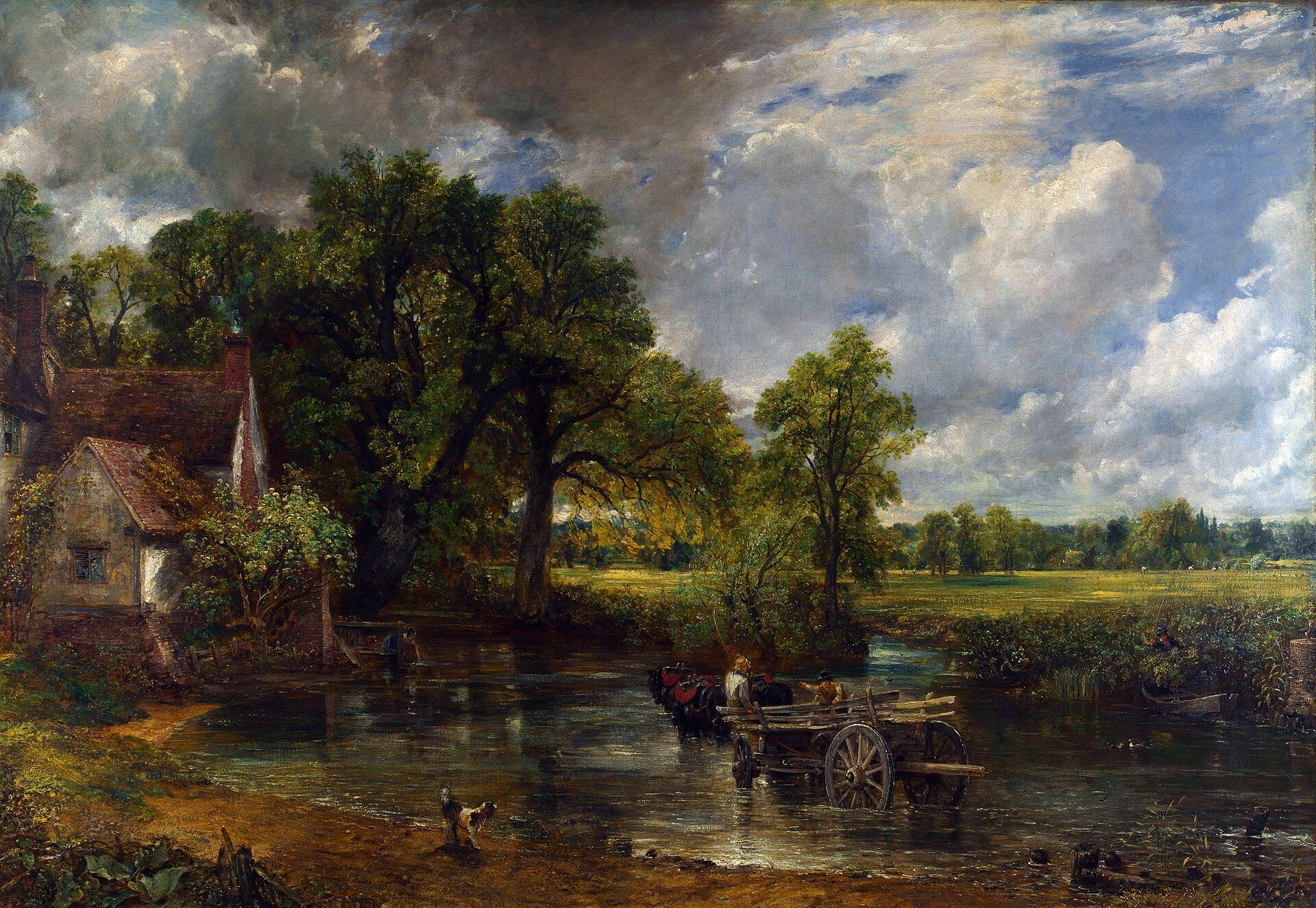 A horse-drawn wagon standing in the shallows of a mill stream beside a brick cottage, tall trees and a wide clouded sky over flat meadows