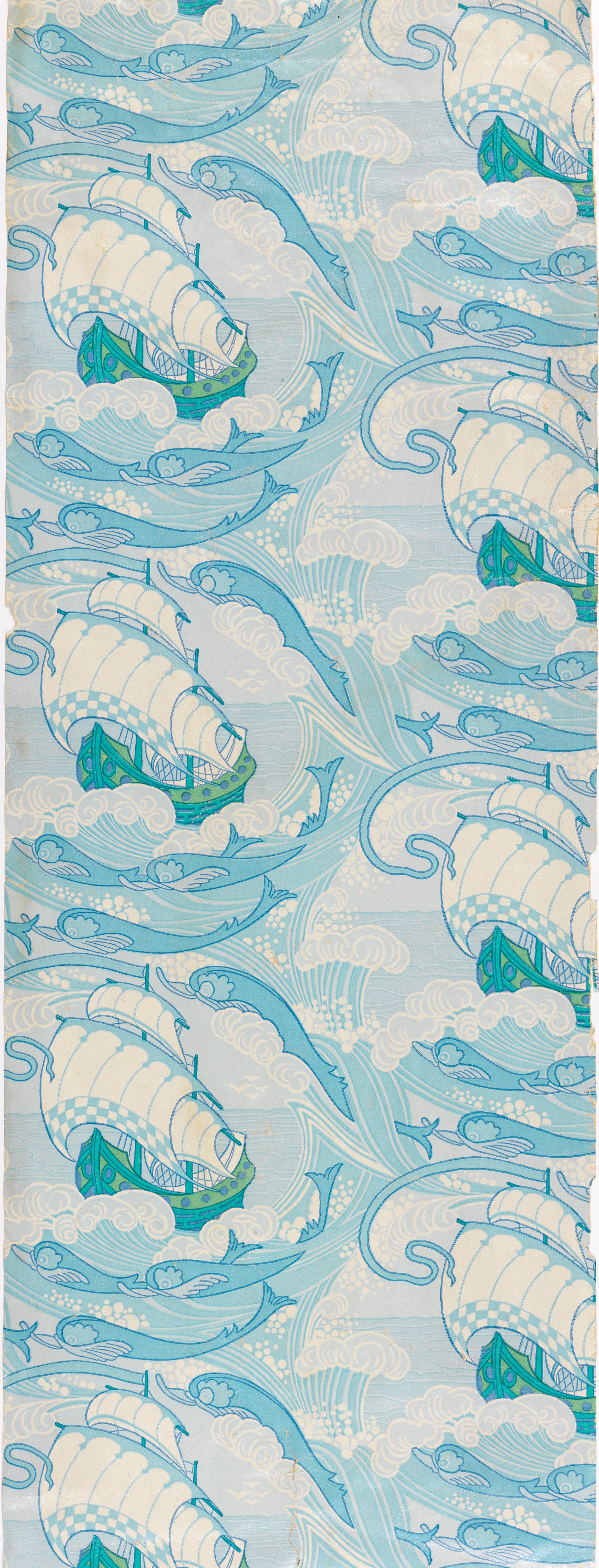 Pale blue ground with rows of white scallop shells set above stylised curling waves