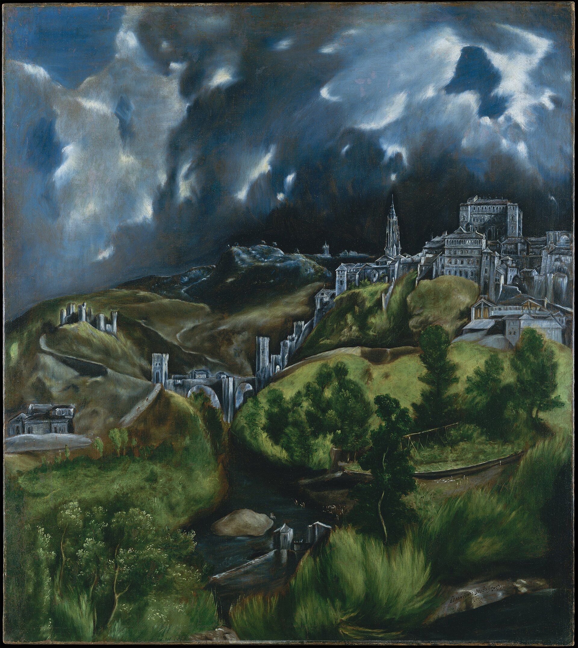 A city on a green hill under a black and blue storm sky, its walls and spire lit hard against the cloud, a river below
