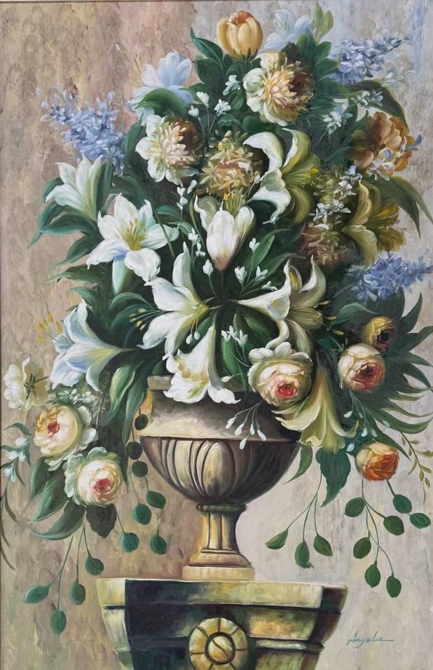 Still life of lilies, roses and hyacinths arranged in a fluted stone urn