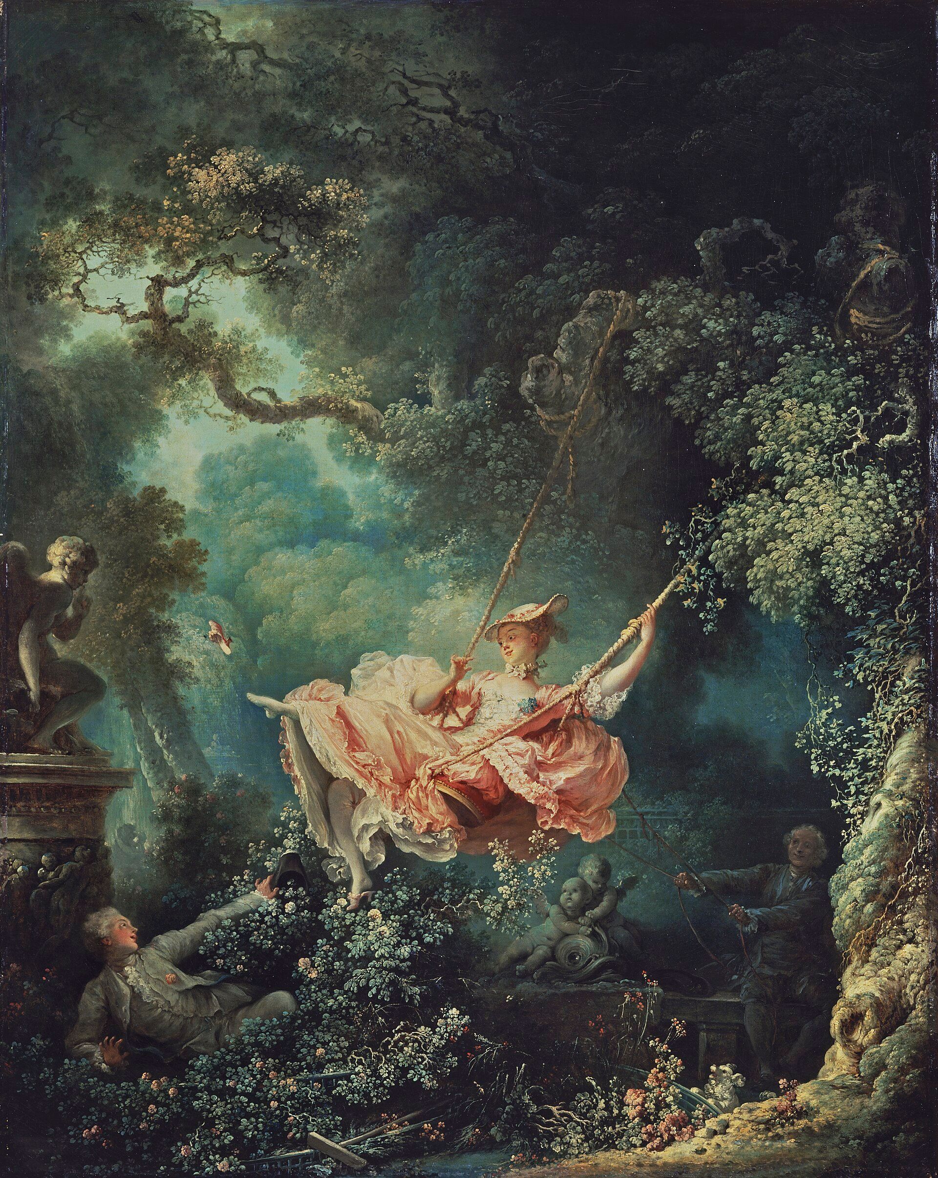 A woman in a billowing pink dress swinging forward out of dense green foliage, one slipper flying off, a young man in the bushes below