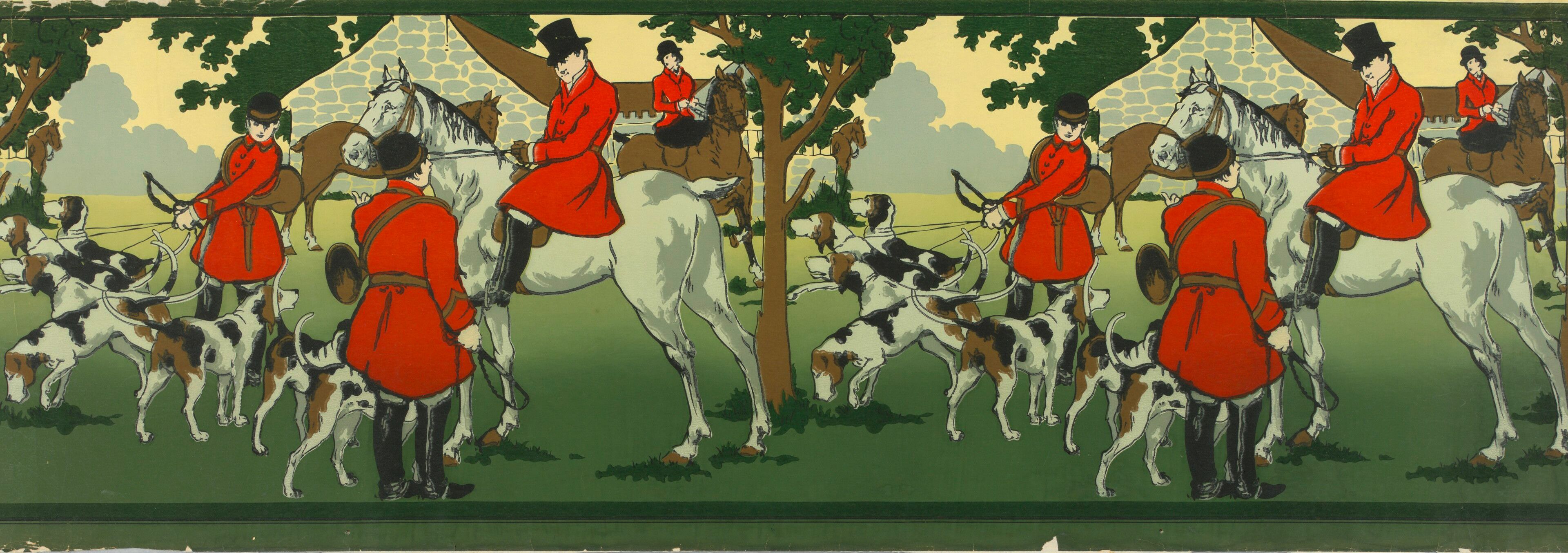Riders in red coats on grey and brown horses gathered among trees with a pack of hounds around them, printed as a long band