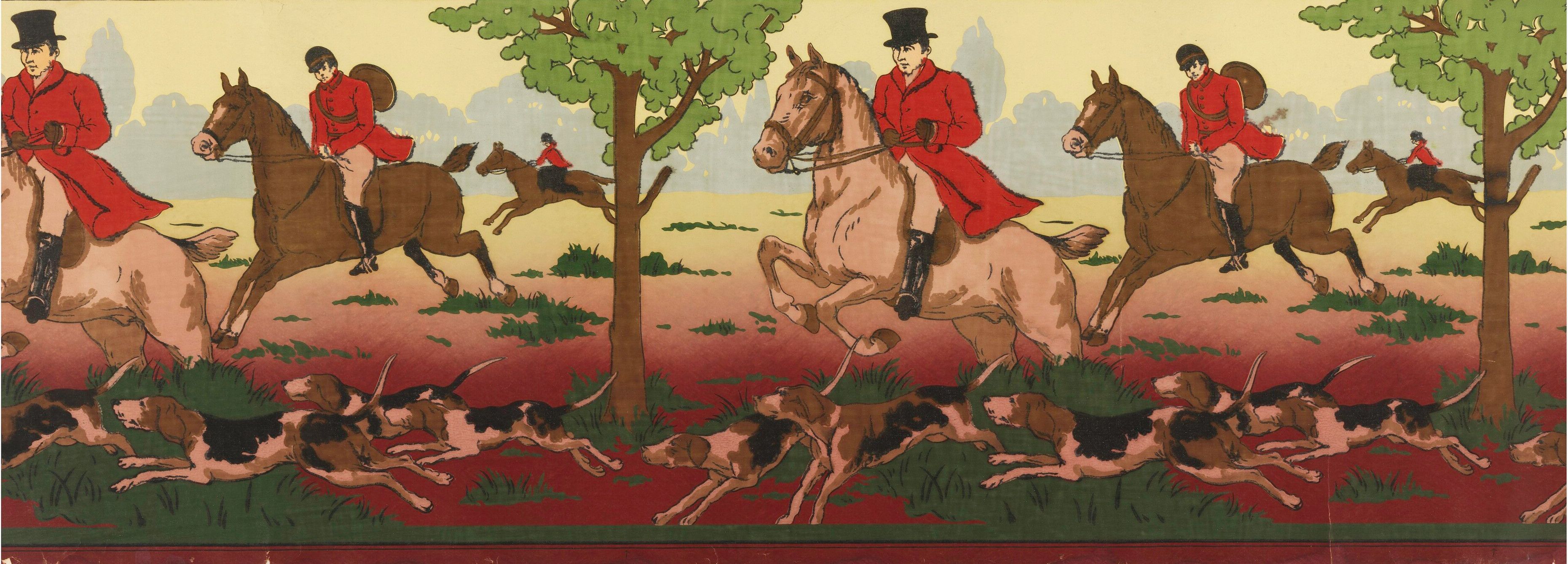 The same hunt at full gallop over a crimson field, hounds streaming ahead of the horses beneath a band of trees
