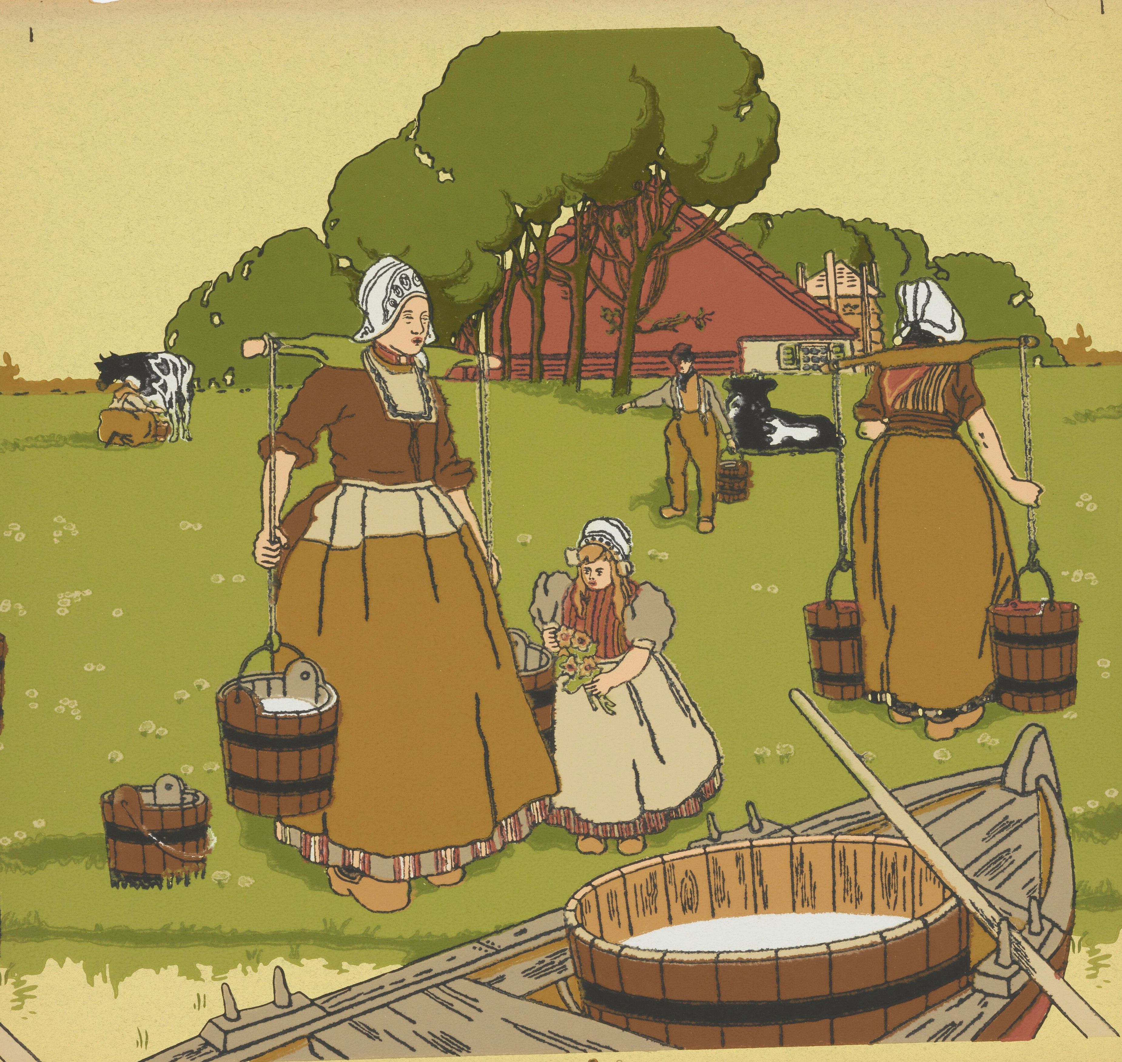 Women in white caps carrying wooden pails on shoulder yokes across a green meadow, a child gathering flowers beside them and a red farmhouse behind