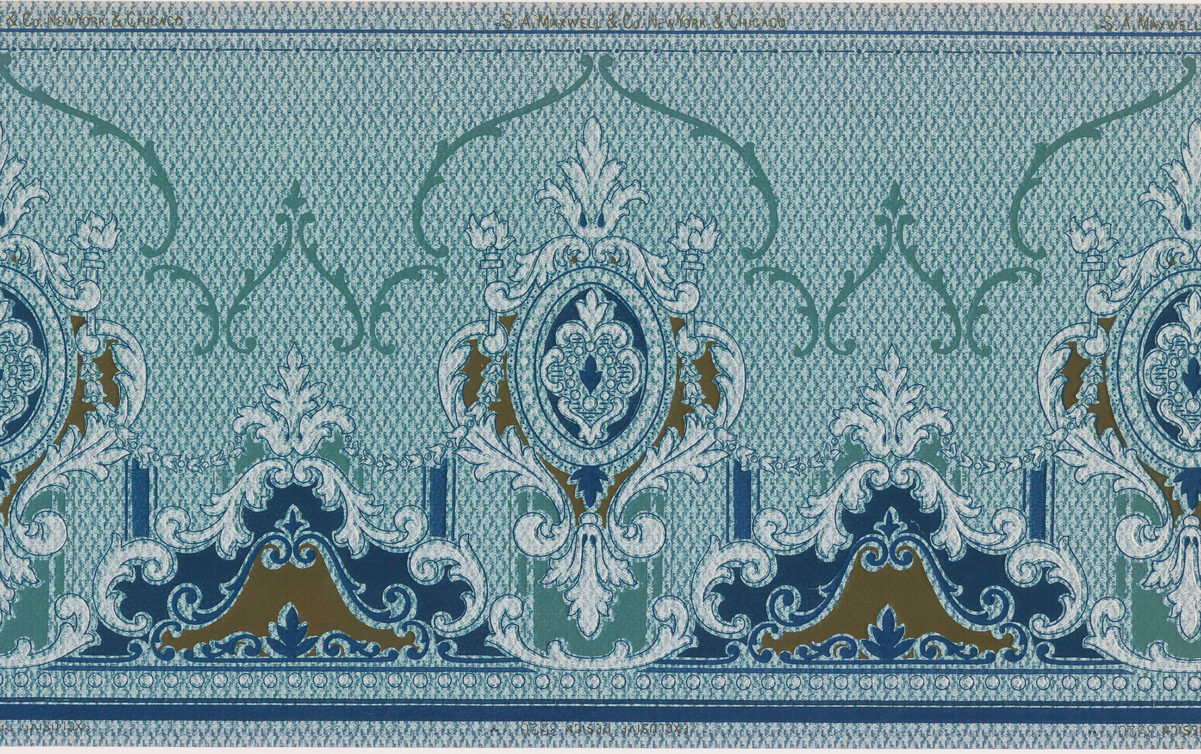 Deep blue cartouches alternating with slim columns and acanthus scrolls, set over a pale turquoise ground with a blue geometric overlay