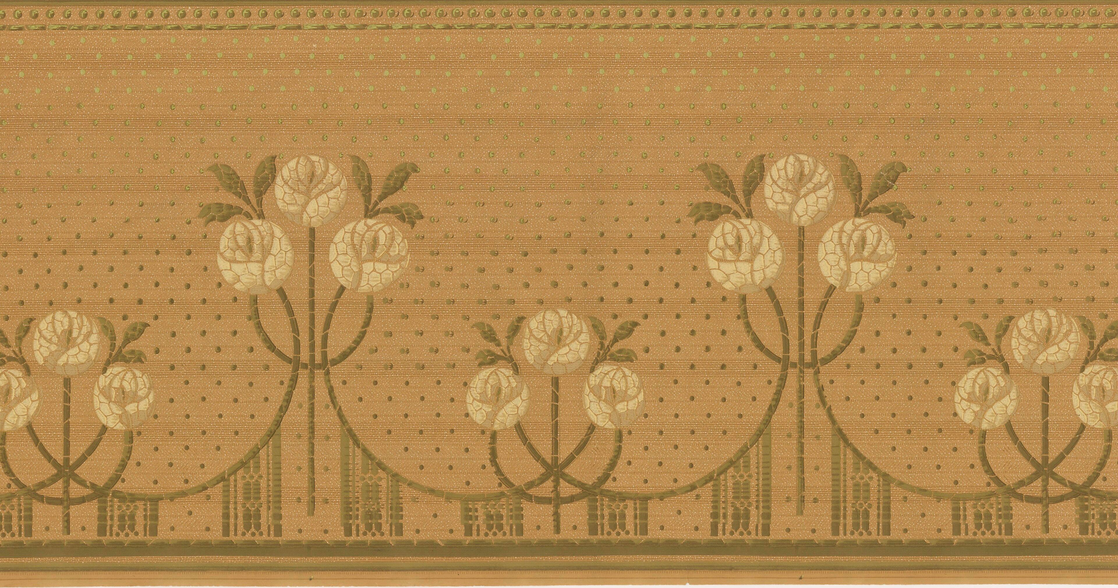 A band of stylised flower heads on straight stems over a tan ground scattered with green dots, closed top and bottom by plain borders