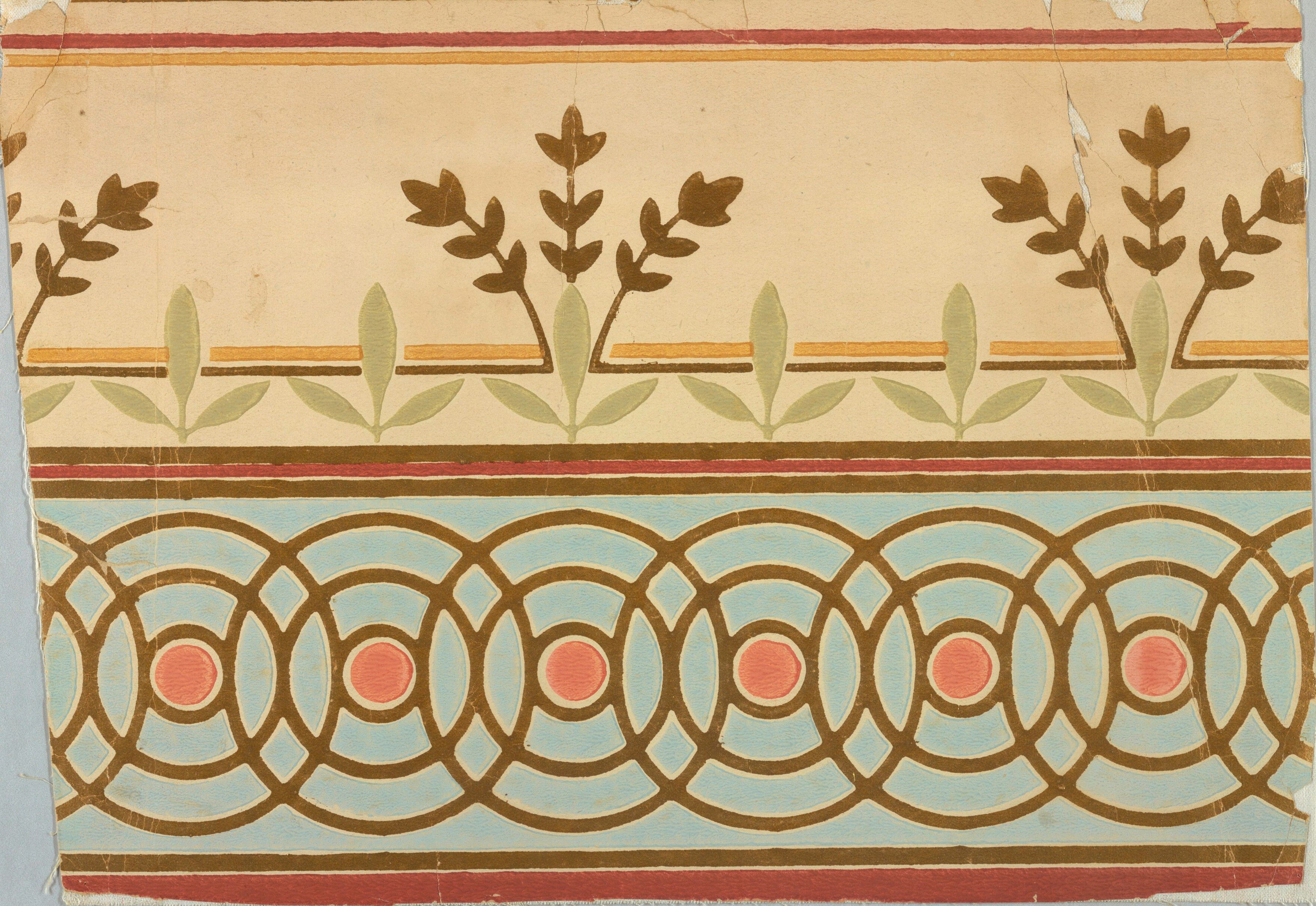 Upright sprays of dark leaves along a cream upper register, and beneath a red rule a pale blue band of interlocking brown circles each holding a coral disc