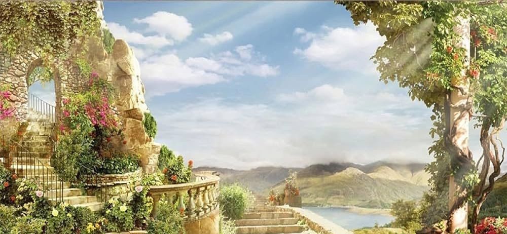 Wall panel showing a stone stairway climbing through a terraced garden of roses and urns toward a distant bay and mountains