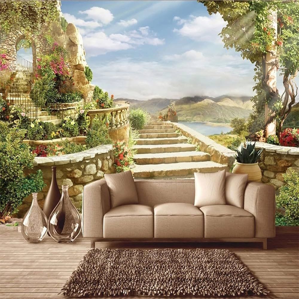 A living room with a full-height printed panel of a stone stairway climbing through a garden