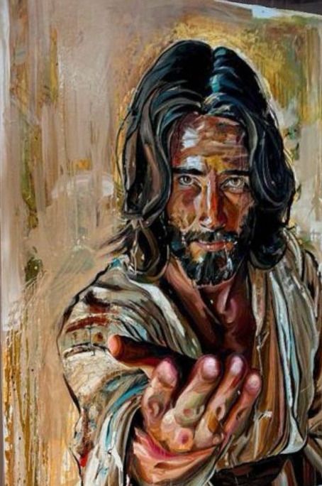 Large palette-knife portrait of a bearded figure extending an open hand toward the viewer