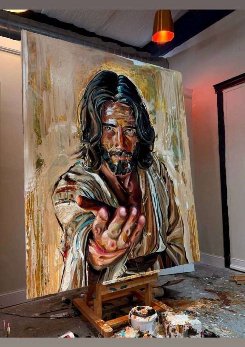 Large palette-knife portrait of a bearded figure extending an open hand toward the viewer