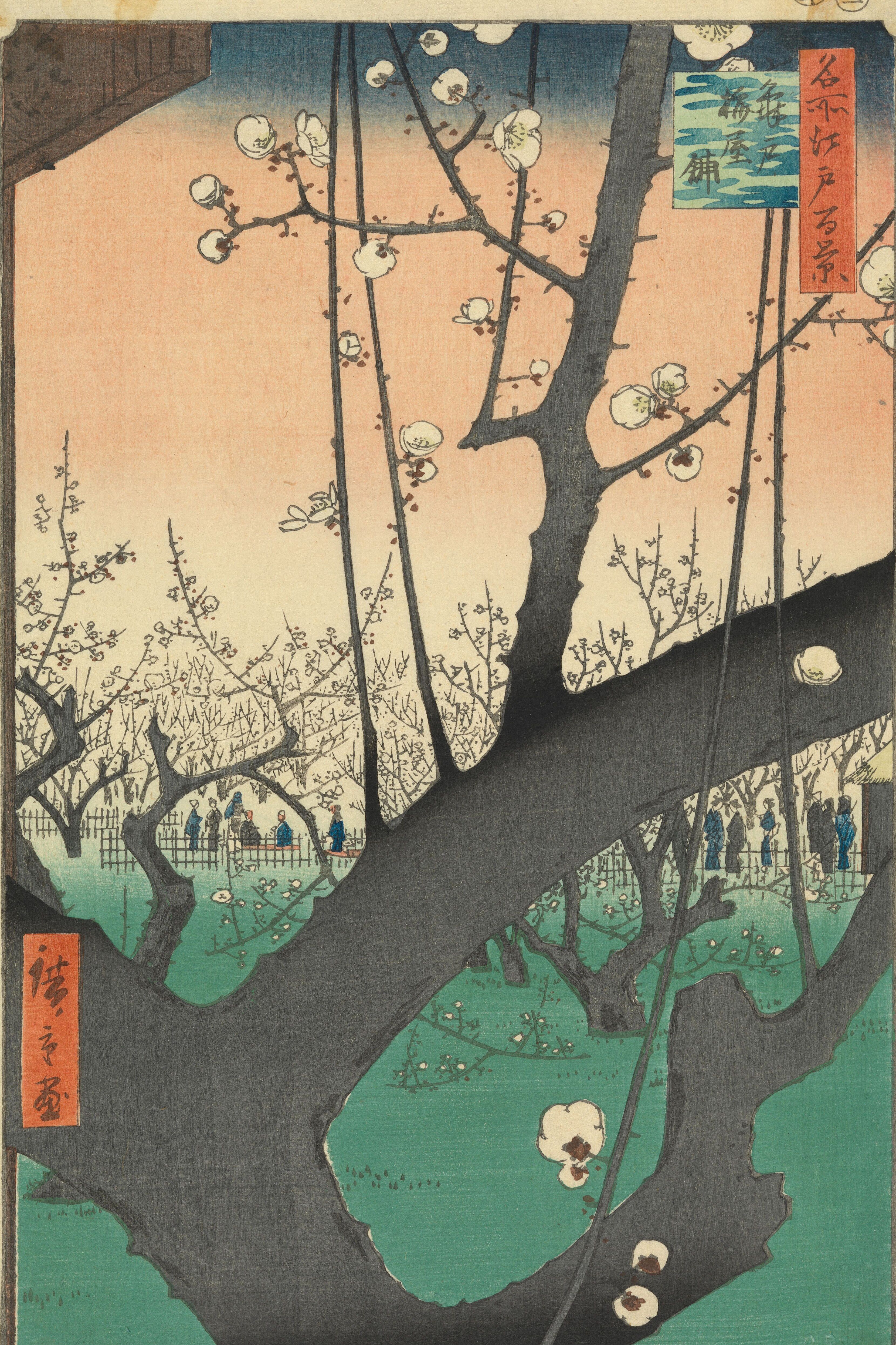 A dark plum trunk cutting diagonally across the whole foreground in white blossom, a peach sky and a green orchard behind it with small figures at a fence