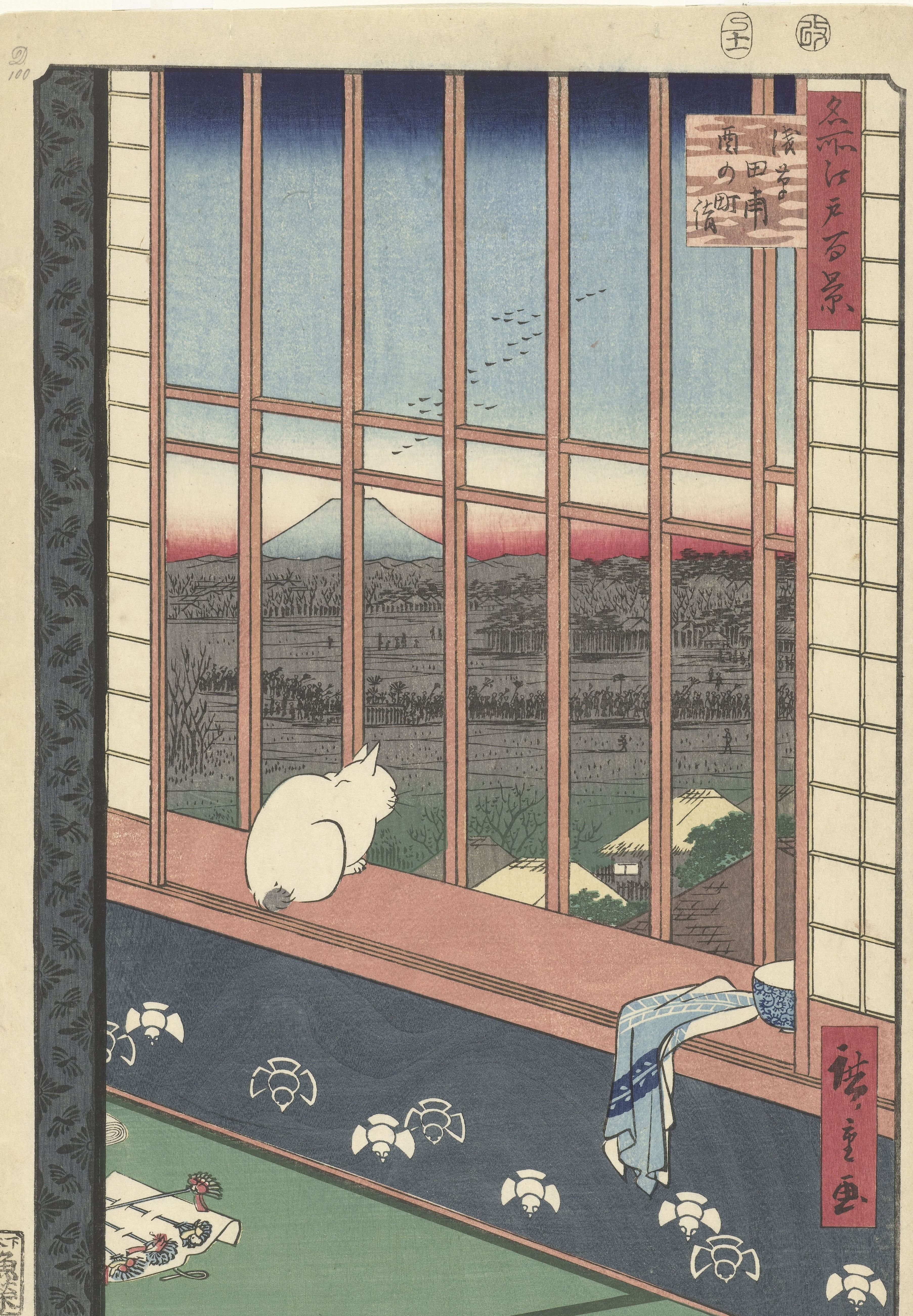 A white cat on a window sill looking out through a lattice at flooded ricefields and a distant Mount Fuji, hairpins and a cloth left on the mat behind it