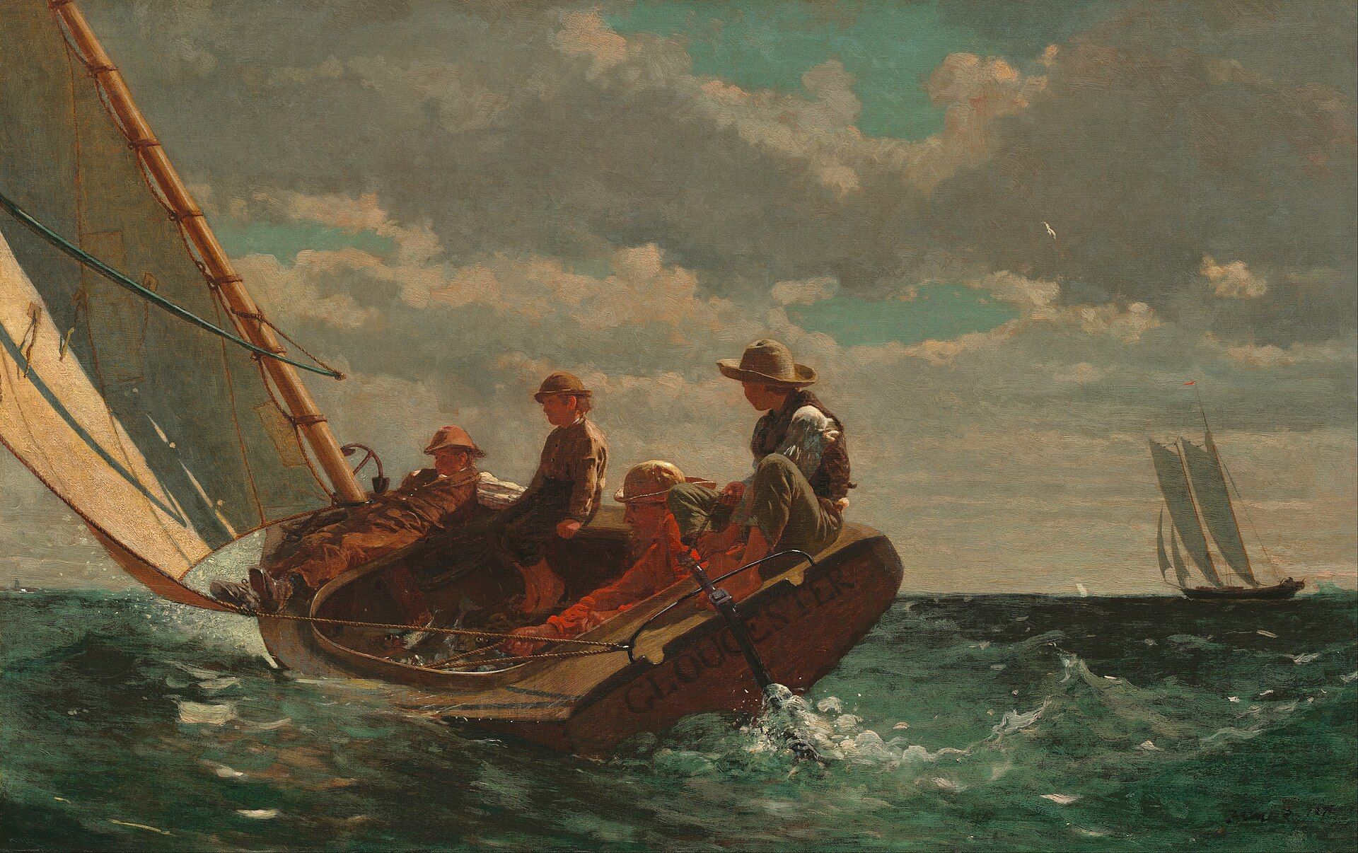 Three boys and a man in a small sailing boat heeling over on a choppy green sea, a schooner on the horizon under piled clouds