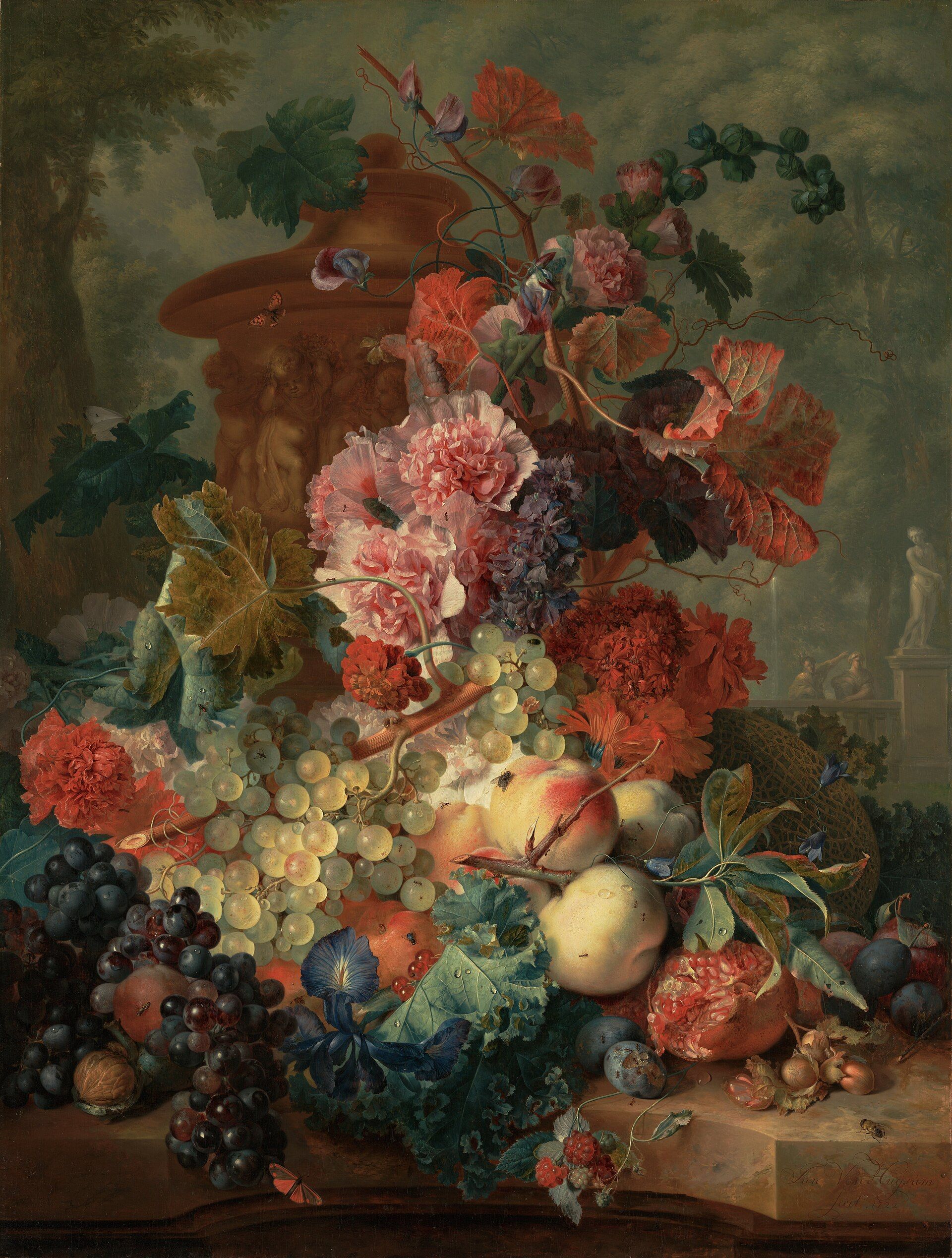 Grapes, peaches and a split pomegranate heaped with carnations on a stone ledge, a carved garden urn behind