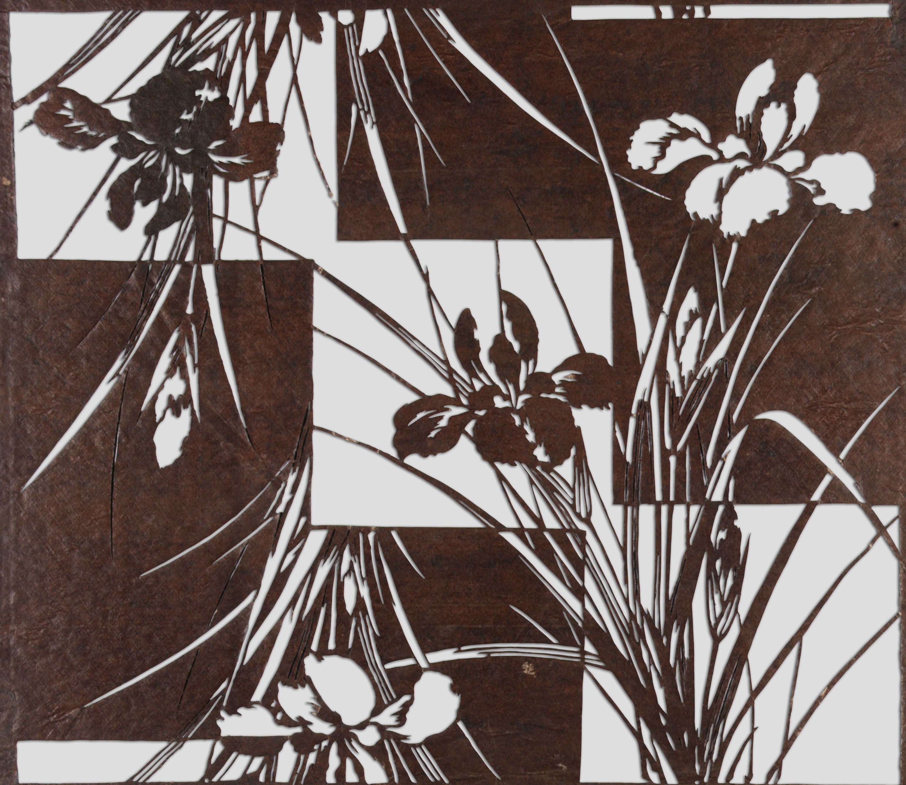 Irises and long blades cut out of dark mulberry paper, the flowers reading as white shapes where the paper has been removed, set against stepped rectangular blocks