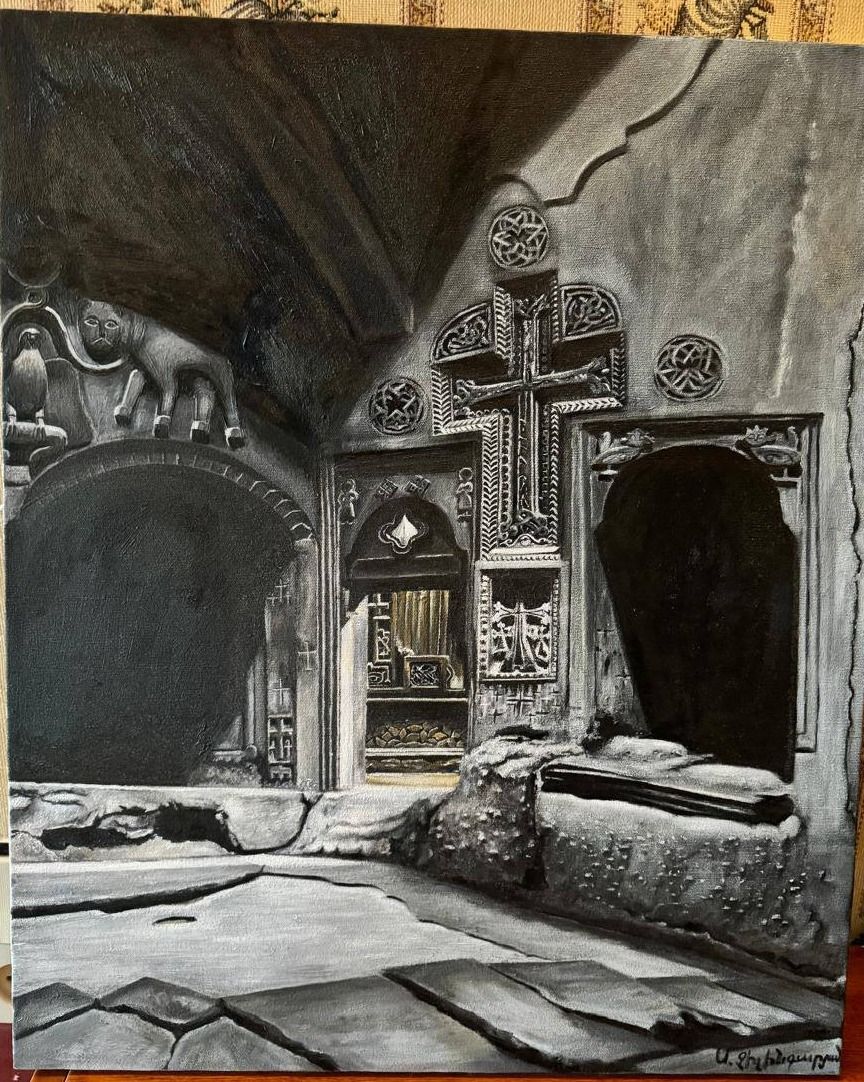 Monochrome painting of a carved khachkar cross-stone inside a rock-cut church