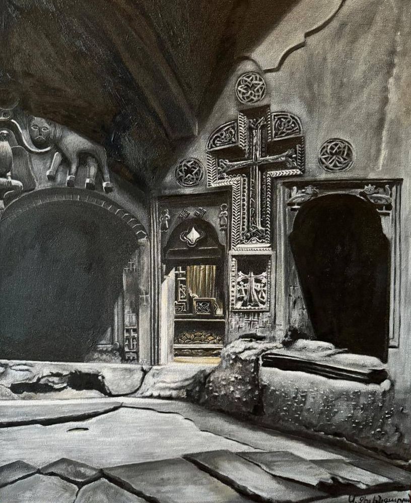 Monochrome painting of a carved khachkar cross-stone inside a rock-cut church