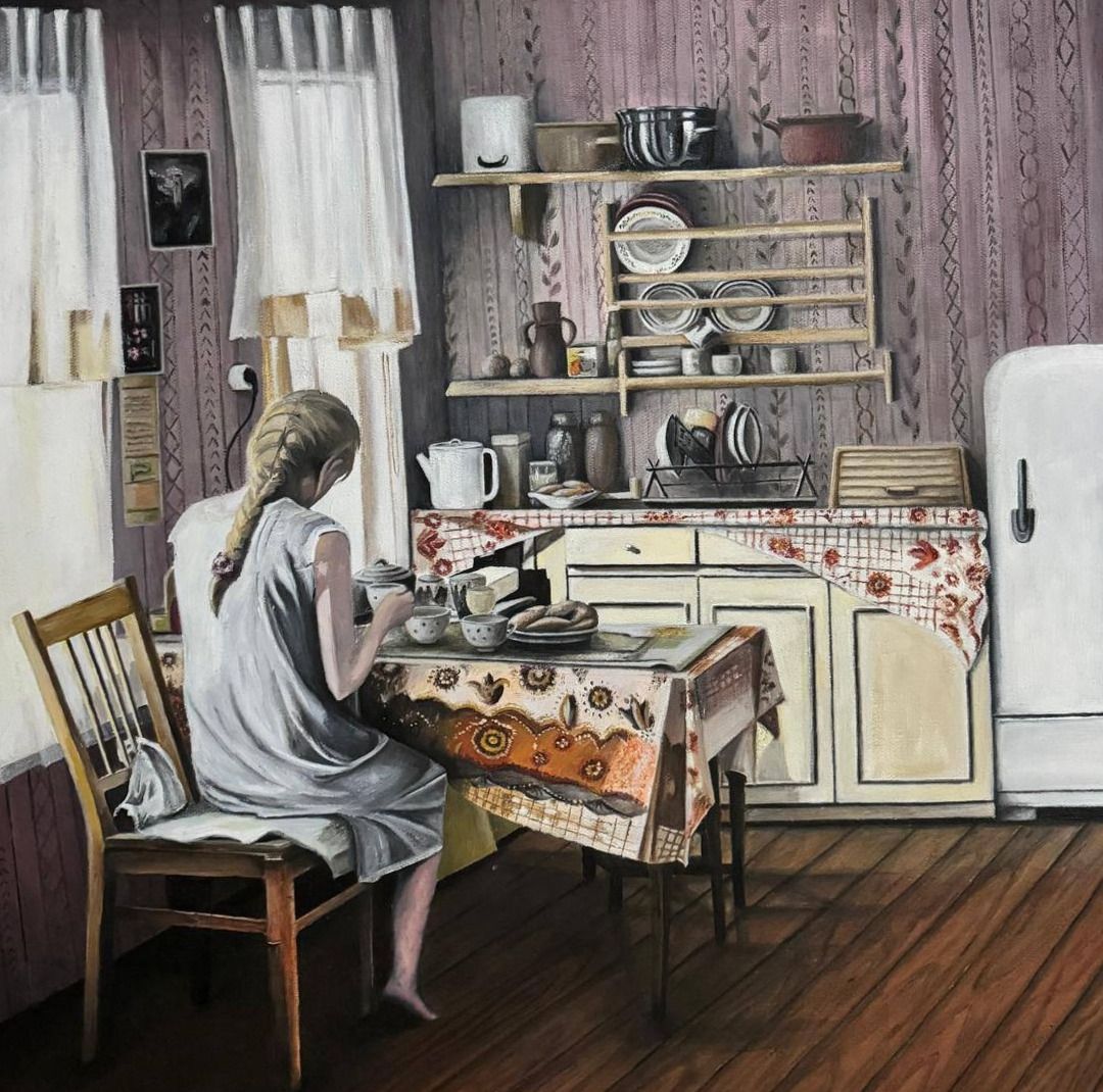 Oil painting of a girl seated at a laid table in a papered kitchen, a plate rack and white refrigerator behind her