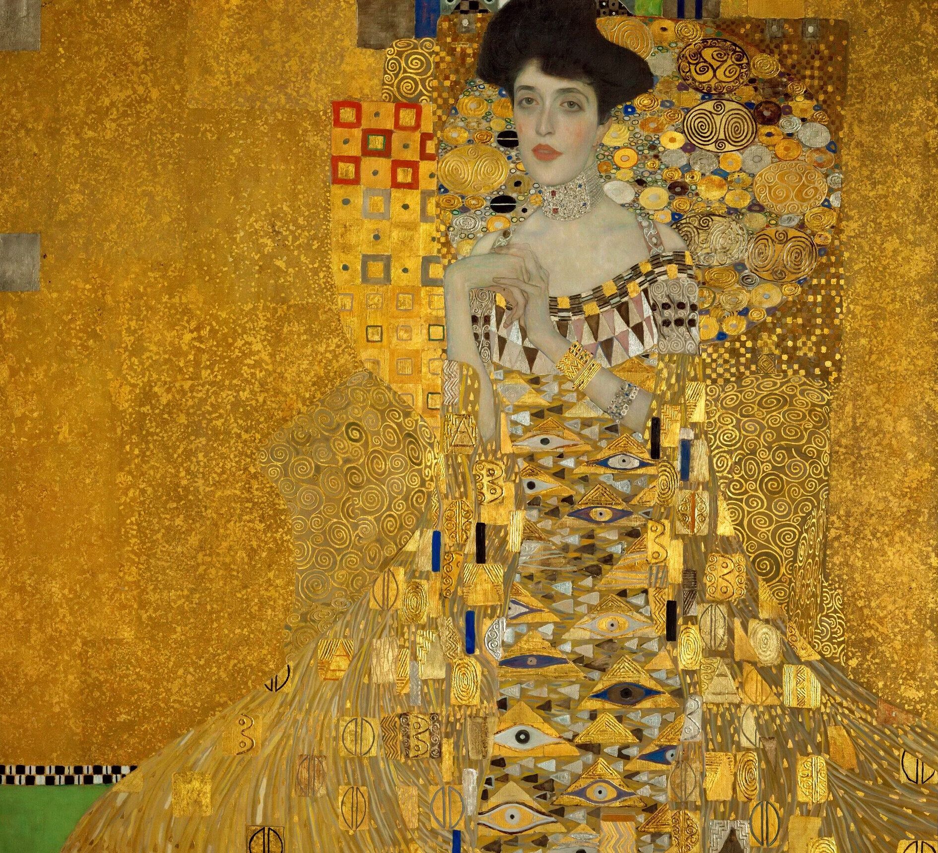 A dark-haired woman in a gown dissolving into gold ornament of spirals, eyes and squares, her hands clasped at her breast