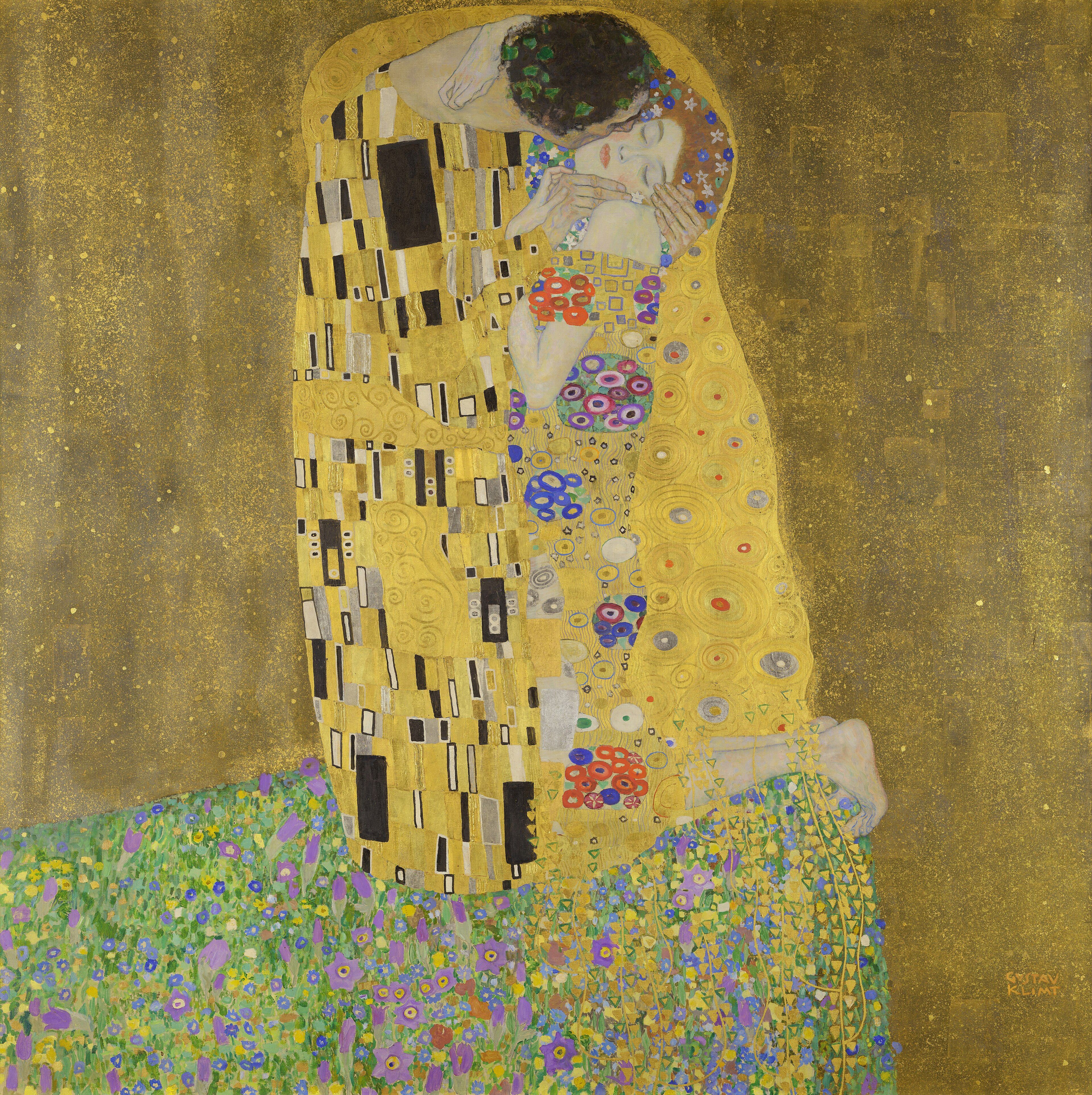 Two figures wrapped in a single gold patterned robe, the man bending to kiss the woman's cheek as she kneels on a flowered bank