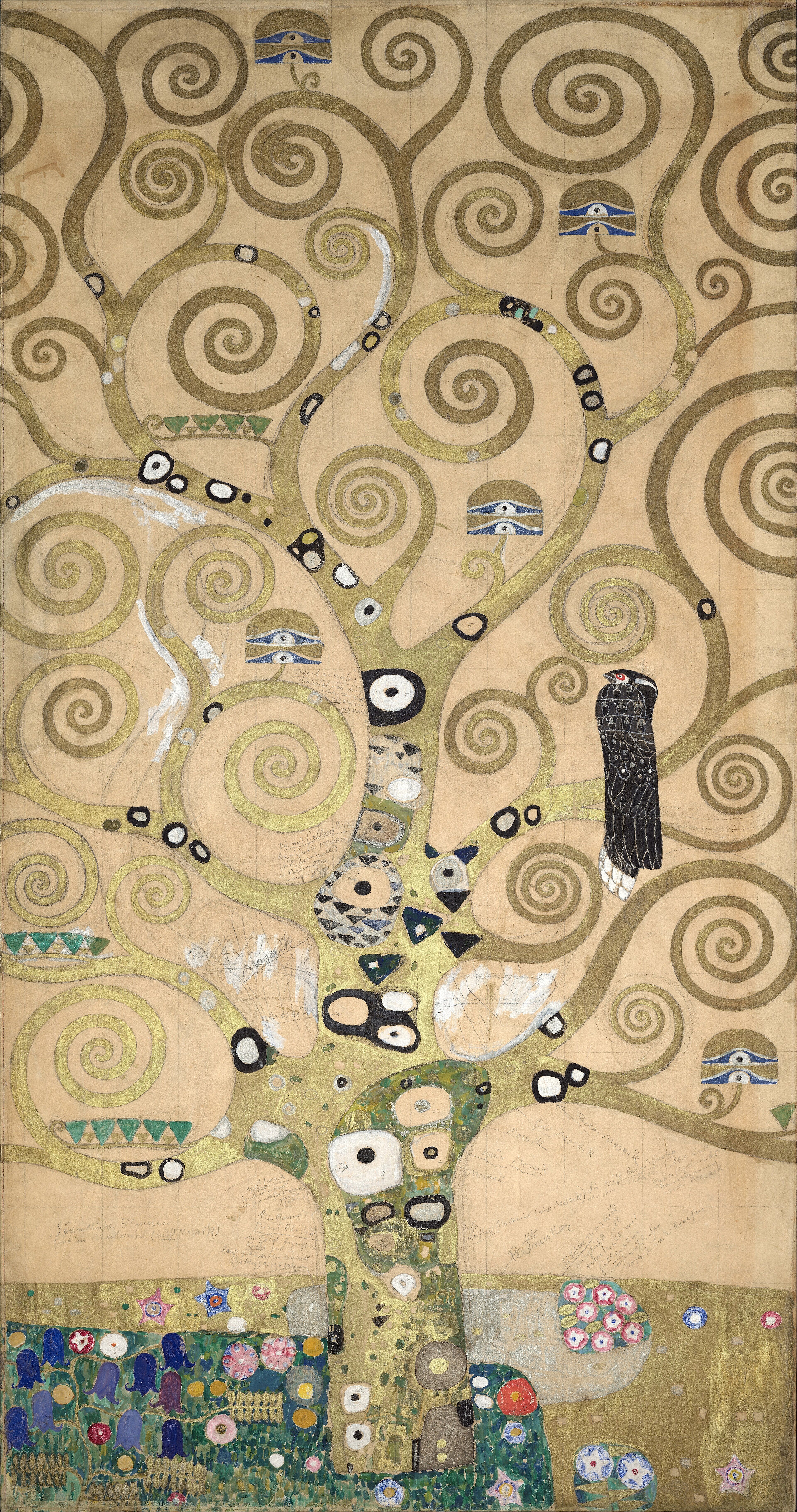 A gold spiralling tree fills the panel, its coiling branches studded with eyes, triangles and enamel-like ornament above a band of flowers