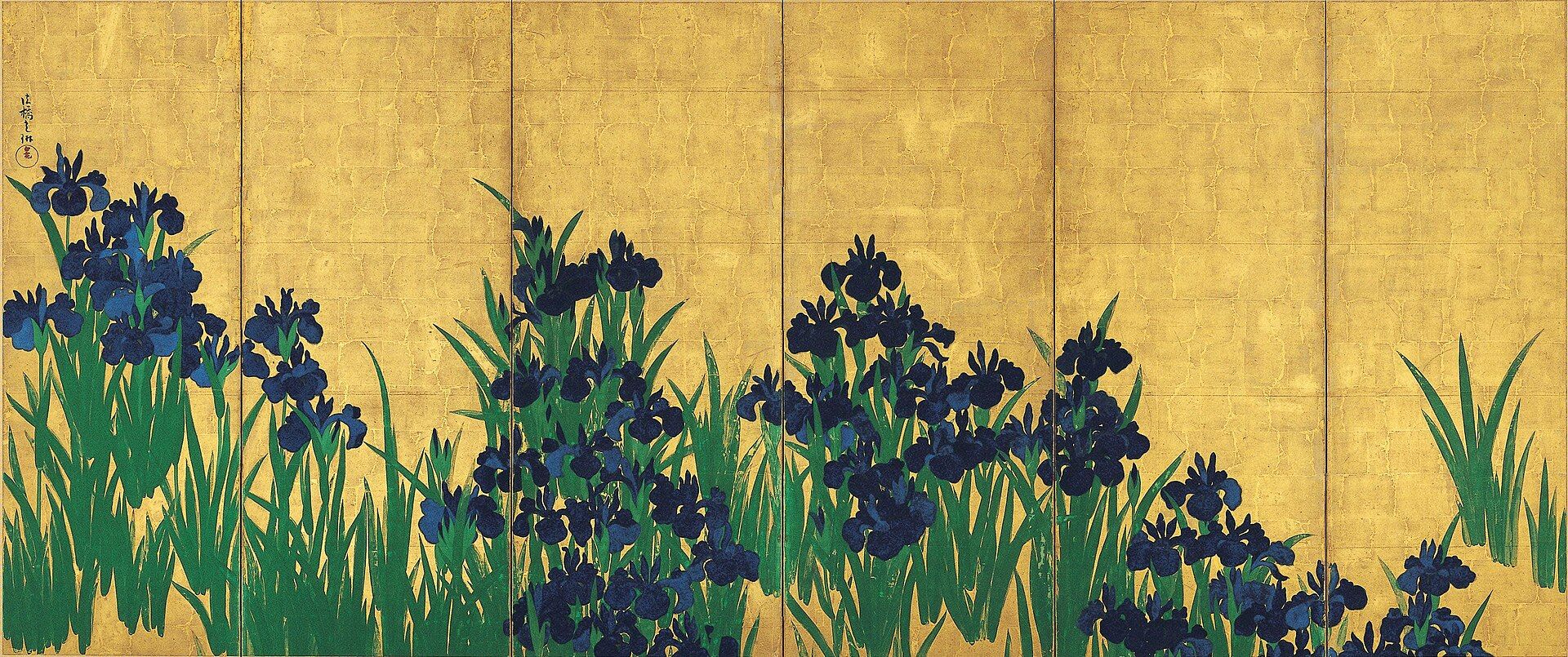 Clumps of blue irises on tall green blades scattered across six joined panels of plain gold, with no water, bank or horizon drawn at all
