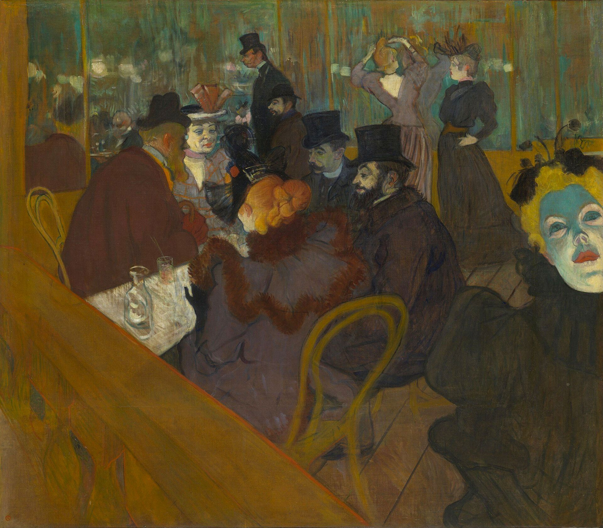 Figures in hats and evening dress seated around a table in a music hall, a woman's face lit hard green at the right edge