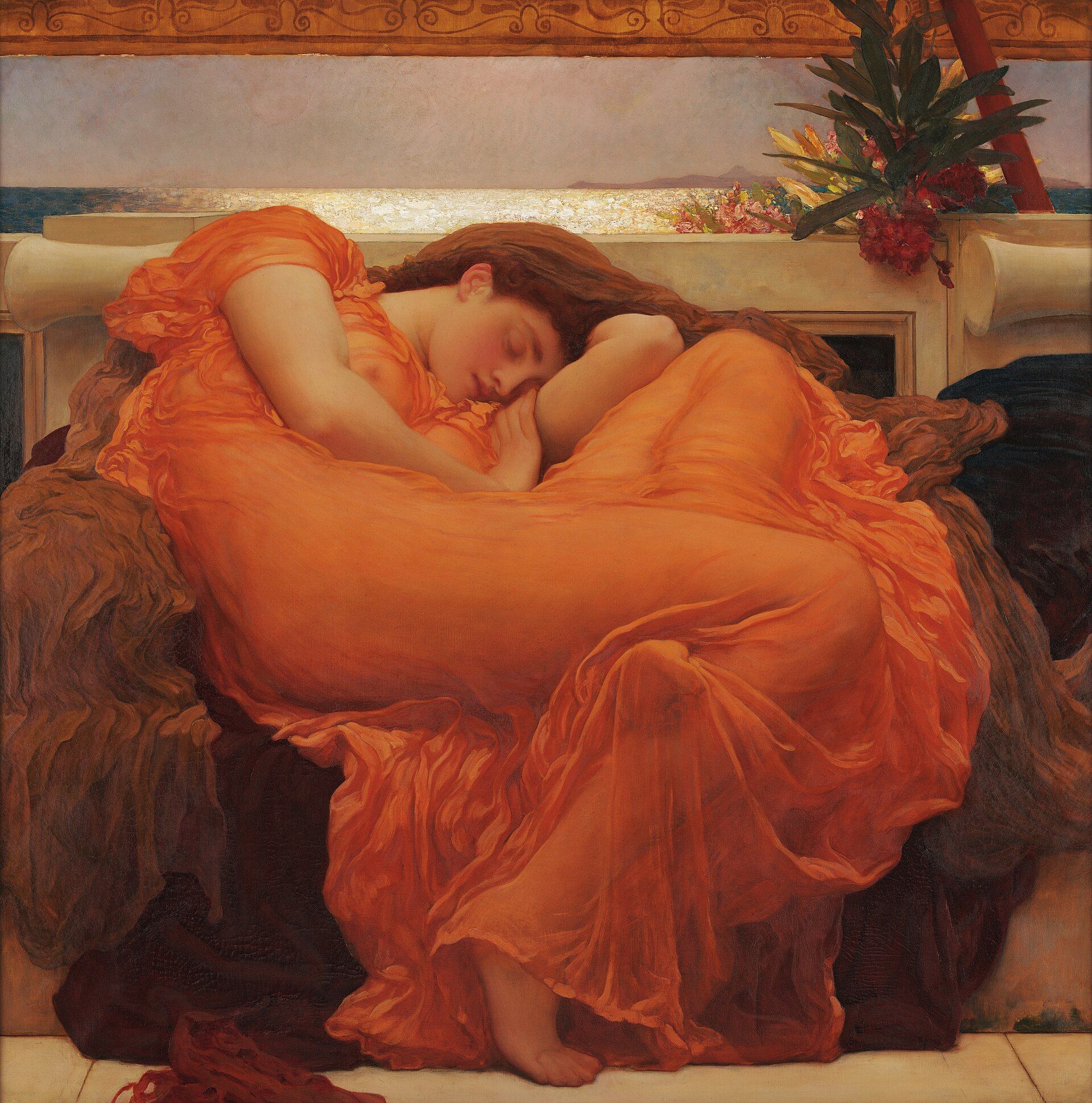 A woman asleep curled on a marble bench in a translucent orange gown, an oleander branch above her and a bright sea behind