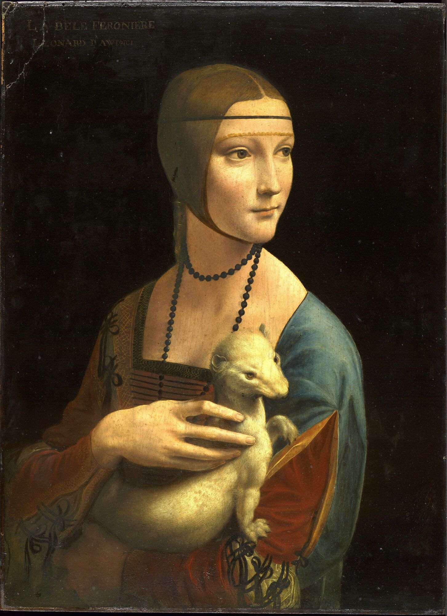 A young woman turning to her left in a red and blue gown, holding a white ermine against a black ground