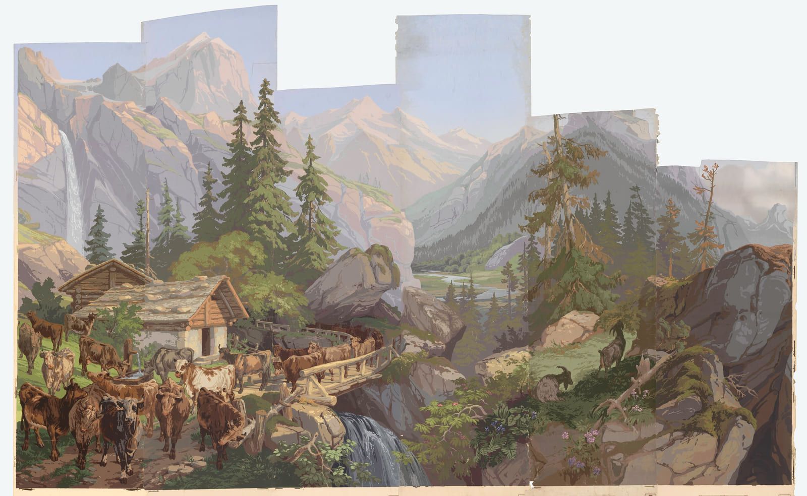 A mountain valley of pines and bare rock with a timber chalet below, printed across several joined wallpaper panels