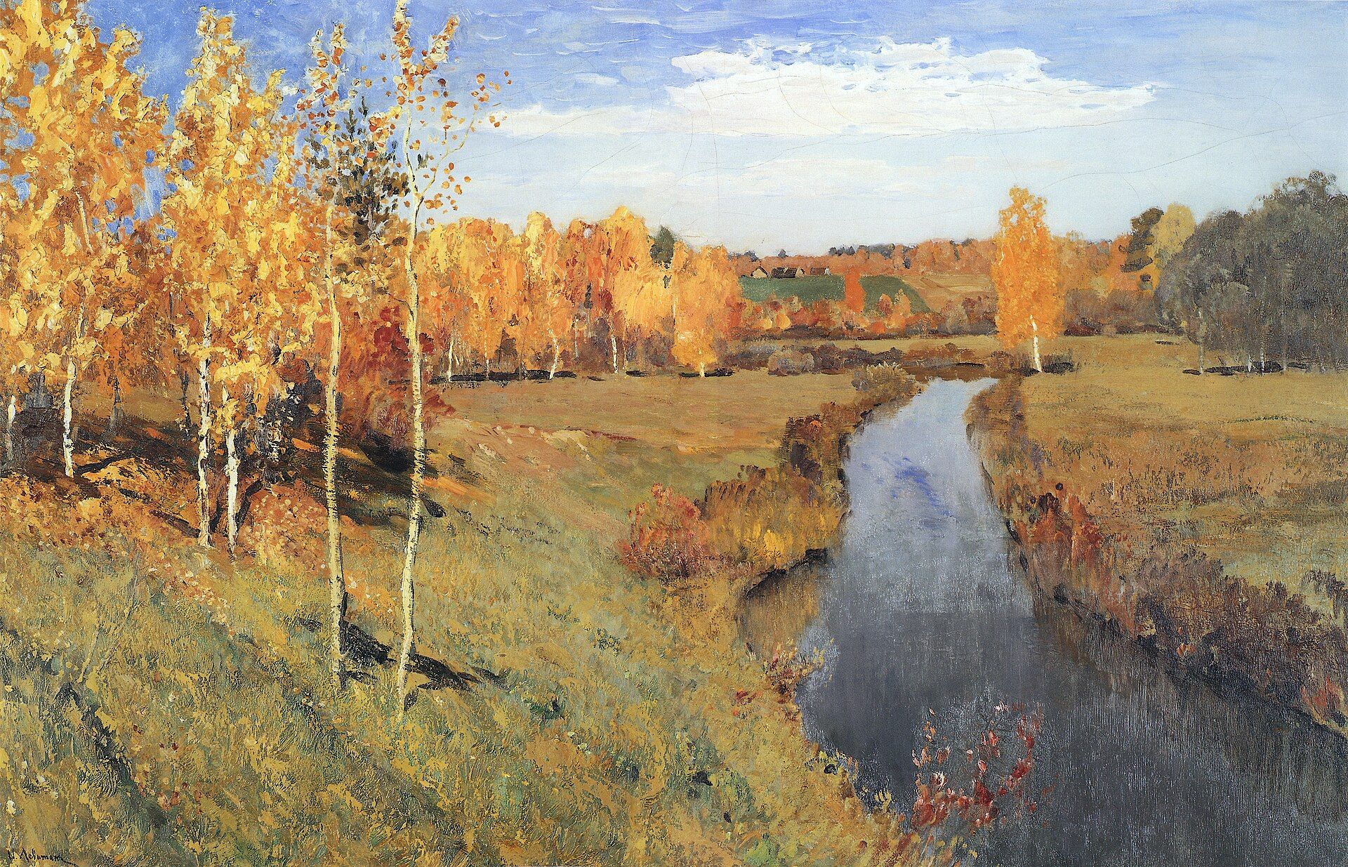 A blue river curving through banks of yellow birches under a wide sky of broken cloud, a green field and a distant treeline beyond