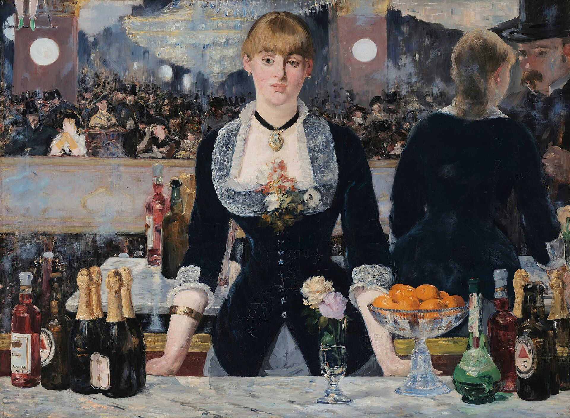 A barmaid standing behind a marble counter of bottles, oranges and roses, the crowded gilt music hall reflected in the mirror behind her