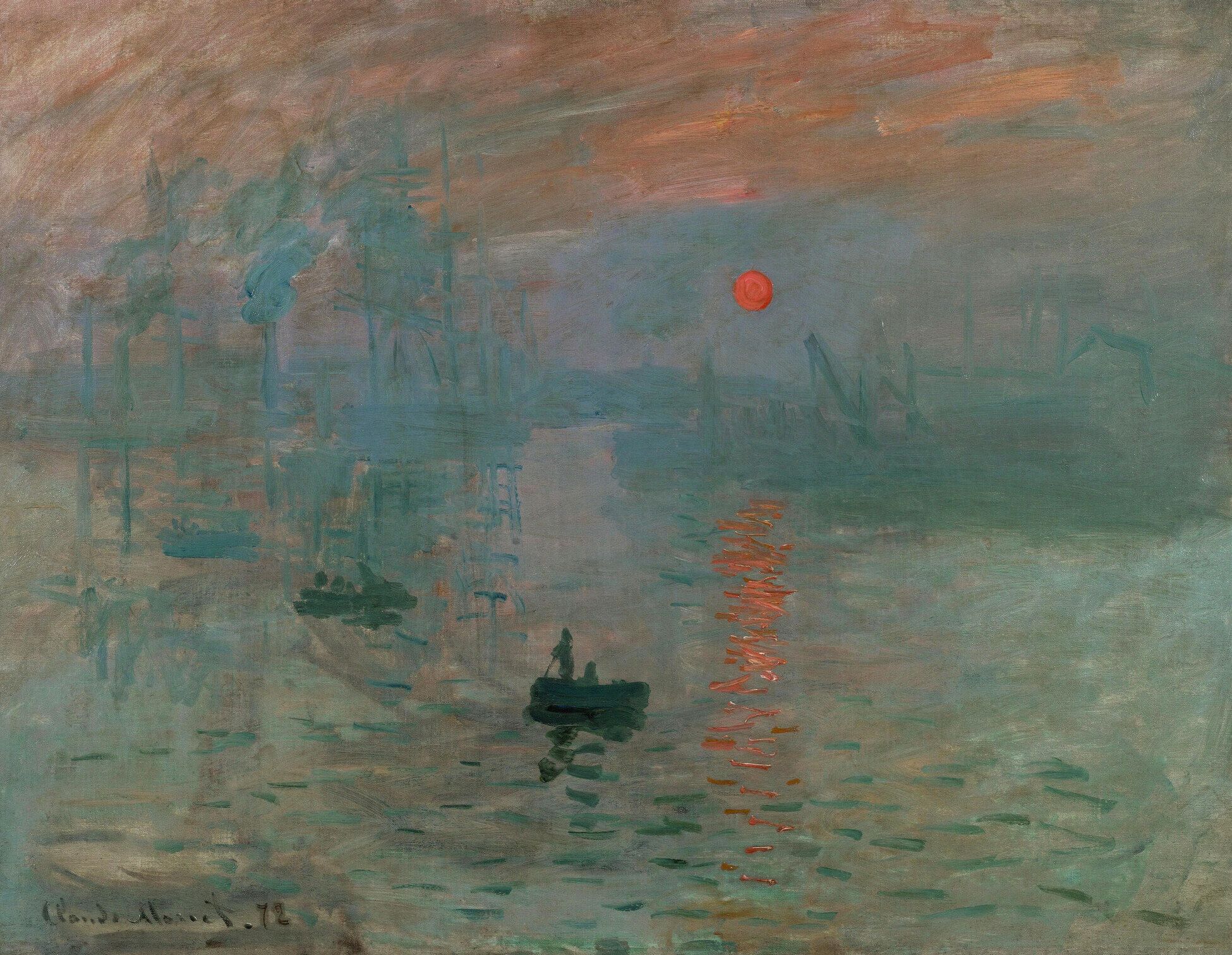 A small orange sun over a grey-green harbour at dawn, two rowing boats in silhouette and masts dissolving in mist