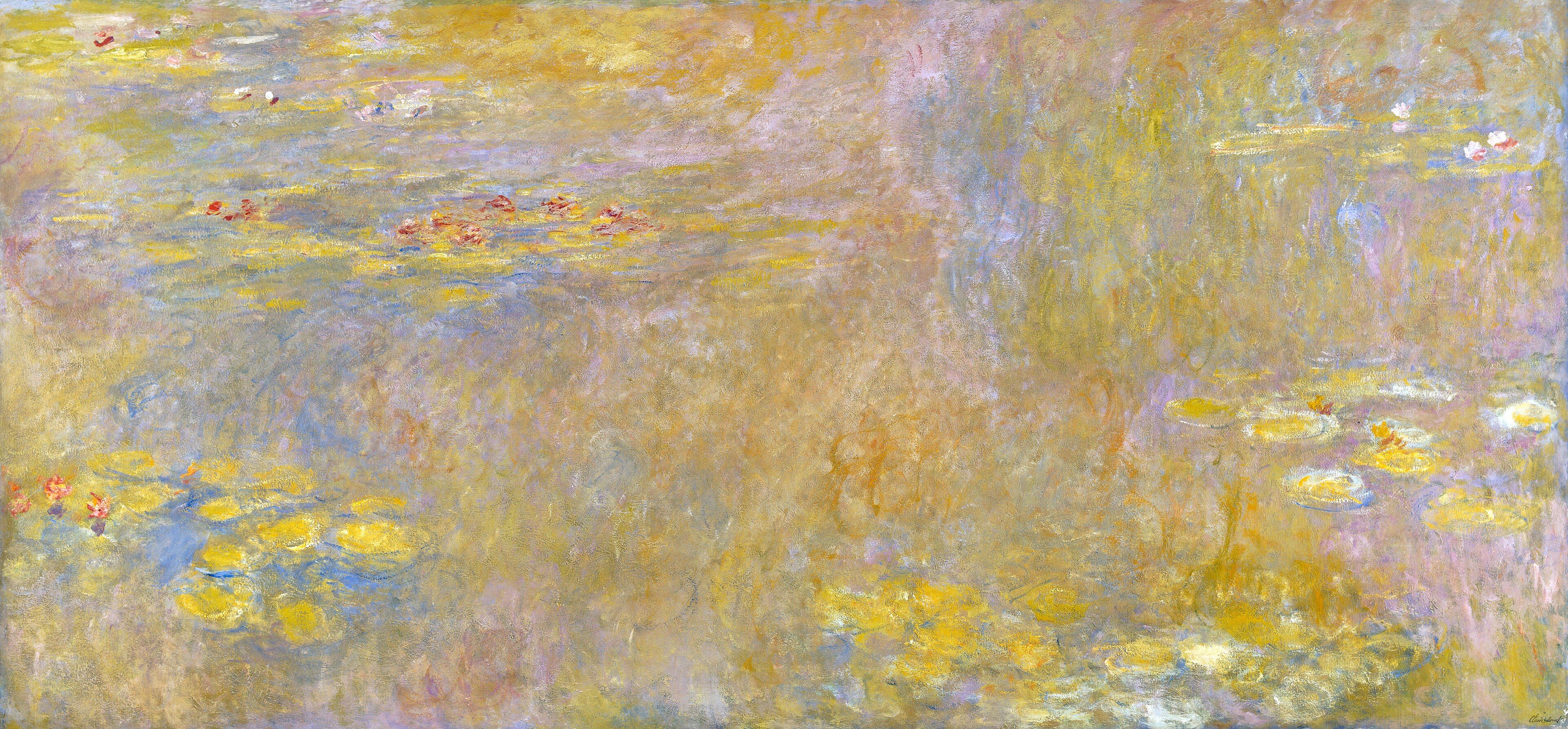 A pond surface in pale yellow, lilac and green, lily pads drifting across reflected cloud with no horizon and no shore